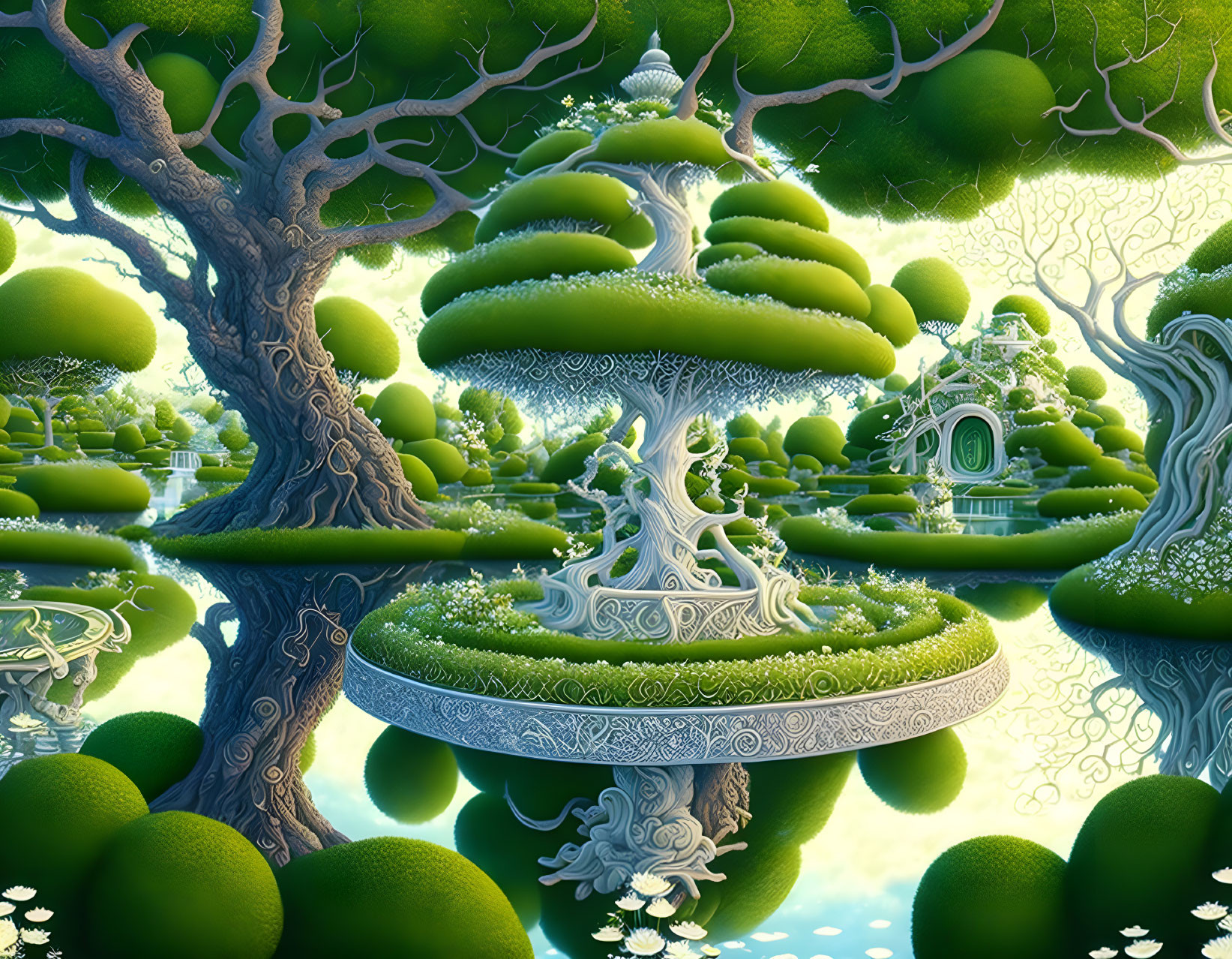 Fantasy landscape with floating islands, lush gardens, white structures, and bonsai-like trees