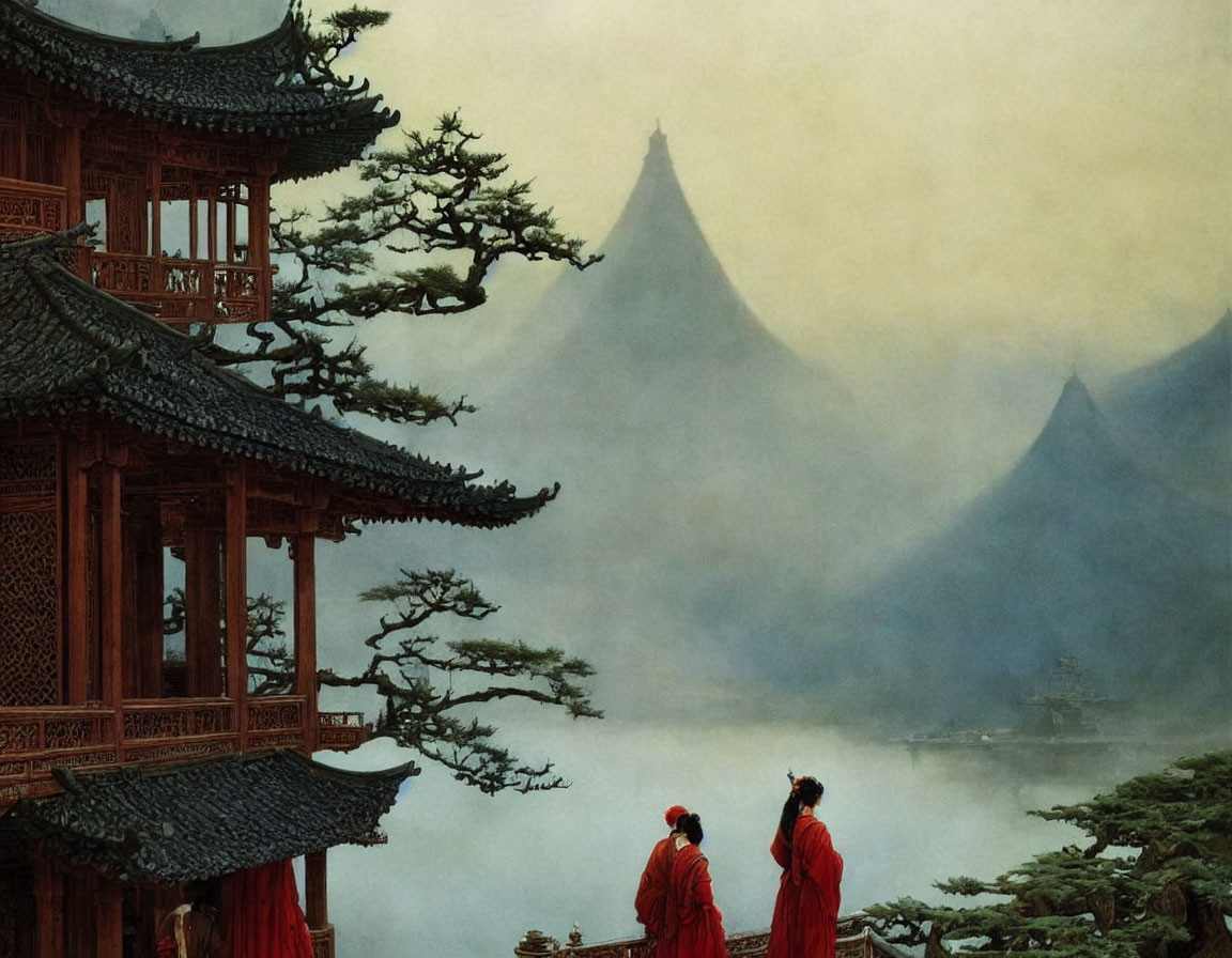 Ancient-style Pavilion in Misty Mountain Landscape with Figures