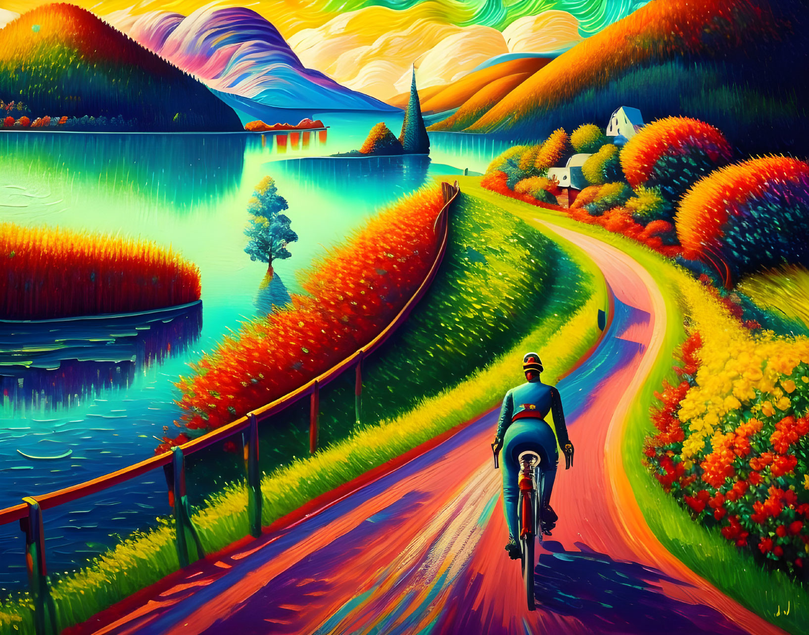 Cyclist on winding road through vibrant landscape