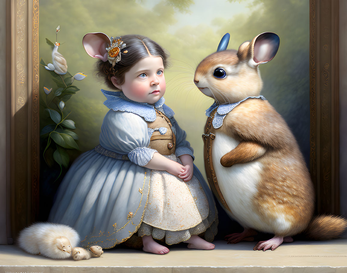 Young girl in vintage dress with anthropomorphic chipmunk and caterpillar in whimsical scene