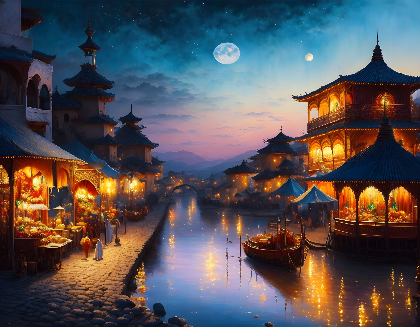 Traditional Asian village riverside scene at night with lanterns, pagoda buildings, boat, moonlit