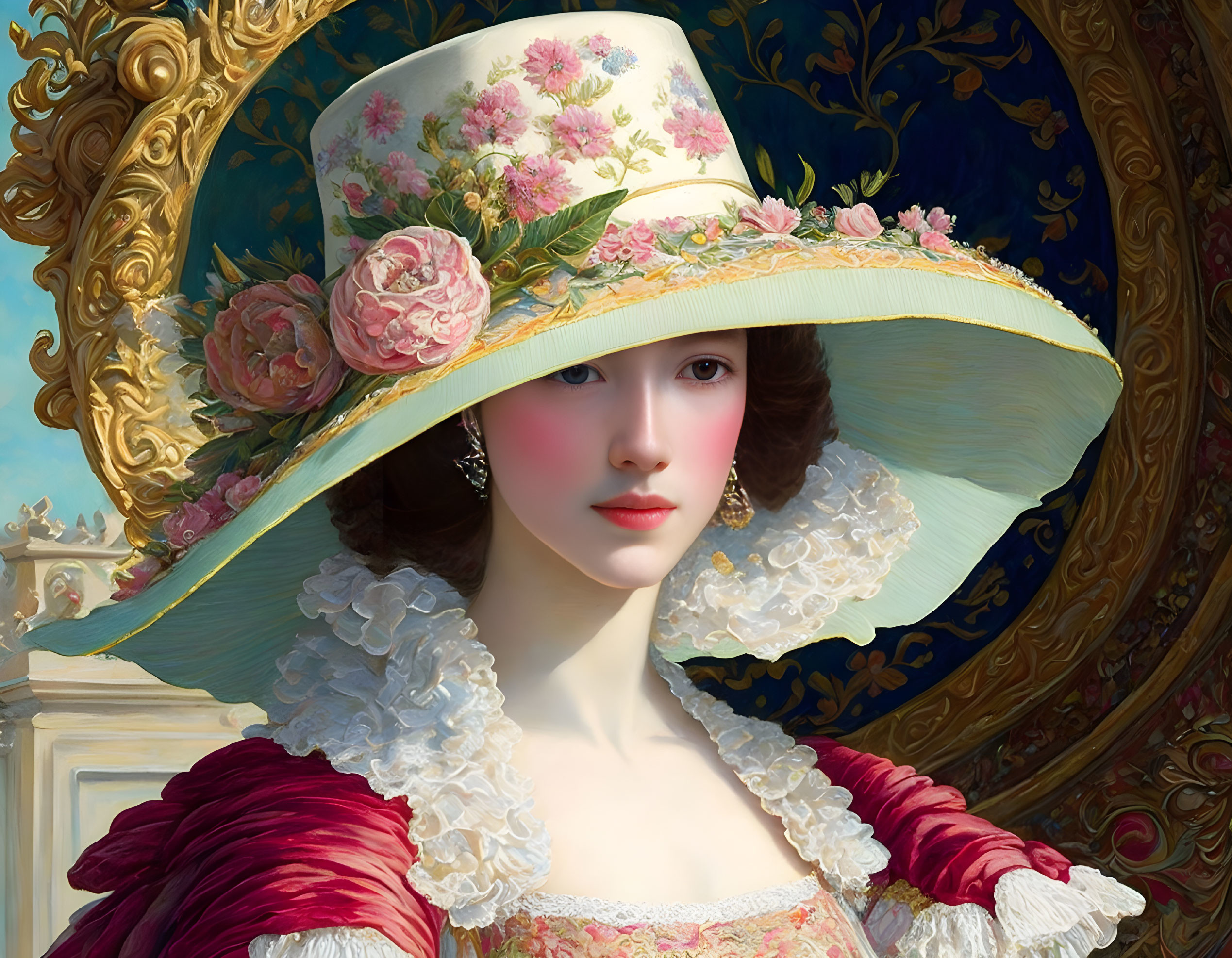 Portrait of Woman in Wide-Brimmed Hat and Red Velvet Dress