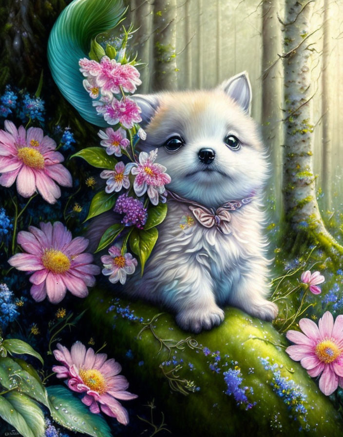 Fluffy puppy with bow tie on mossy branch among pink and purple flowers