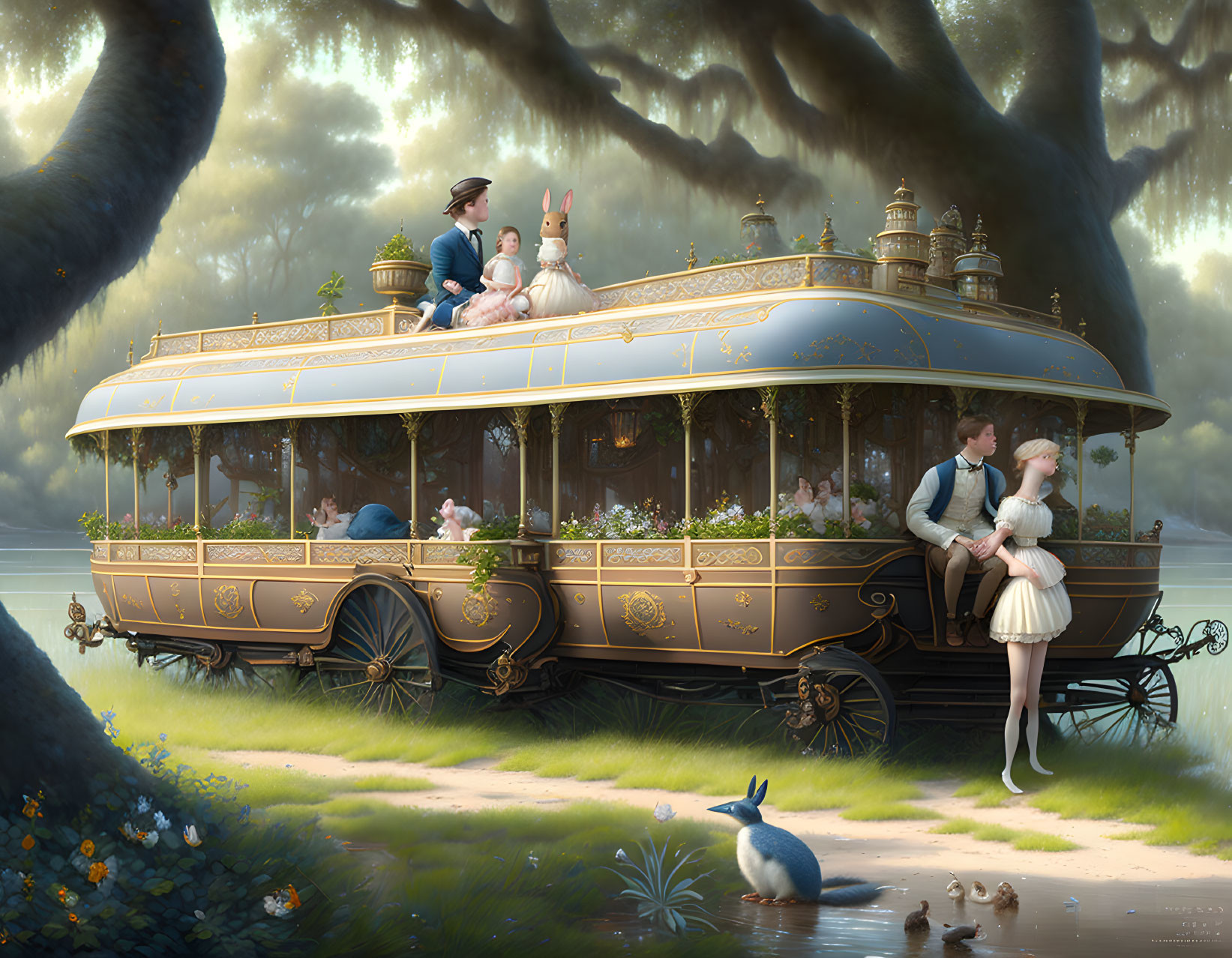 Vintage-style Open Tramcar in Sunlit Forest Glade