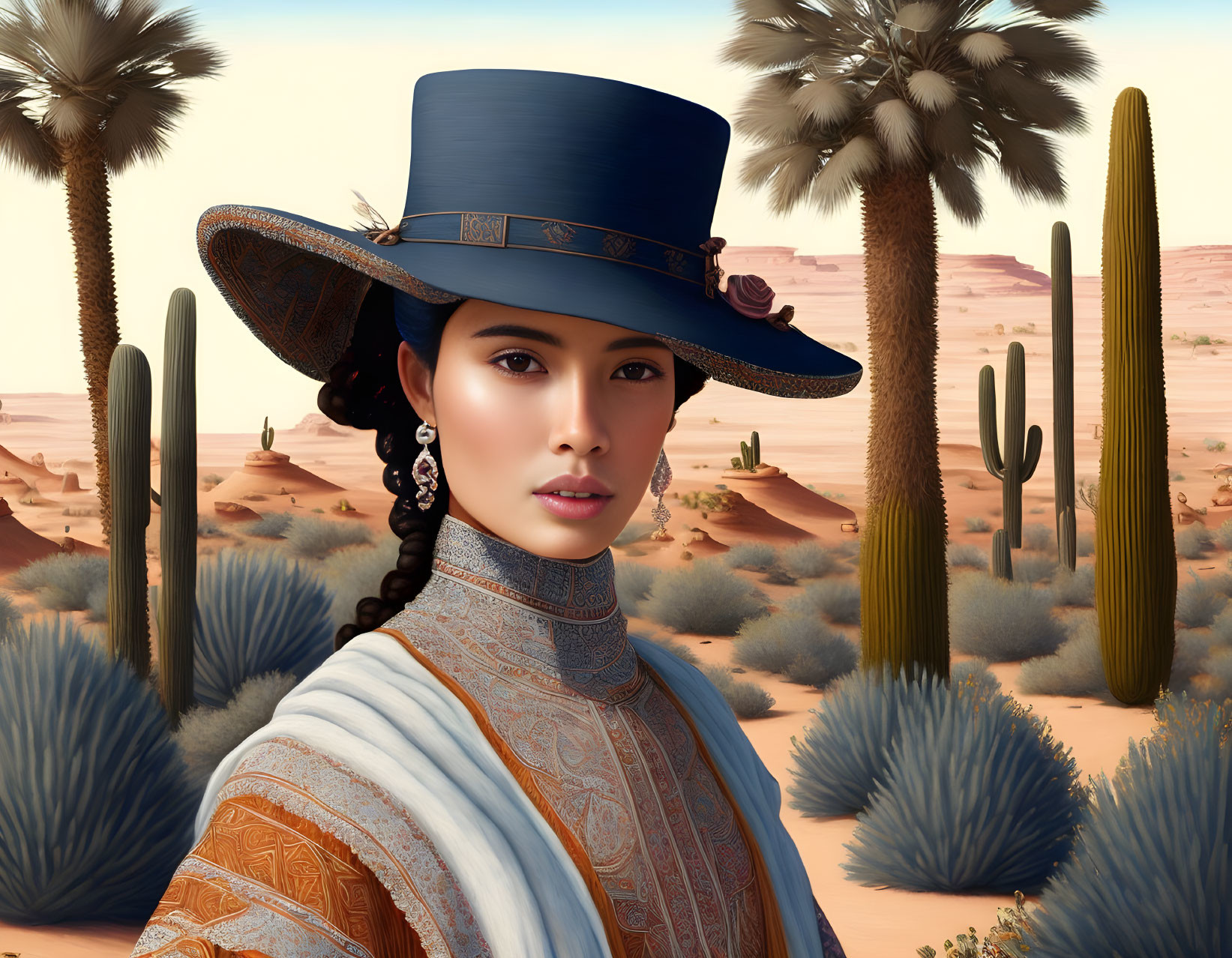 Woman with Blue Hat and Braided Hair in Desert Landscape with Cacti