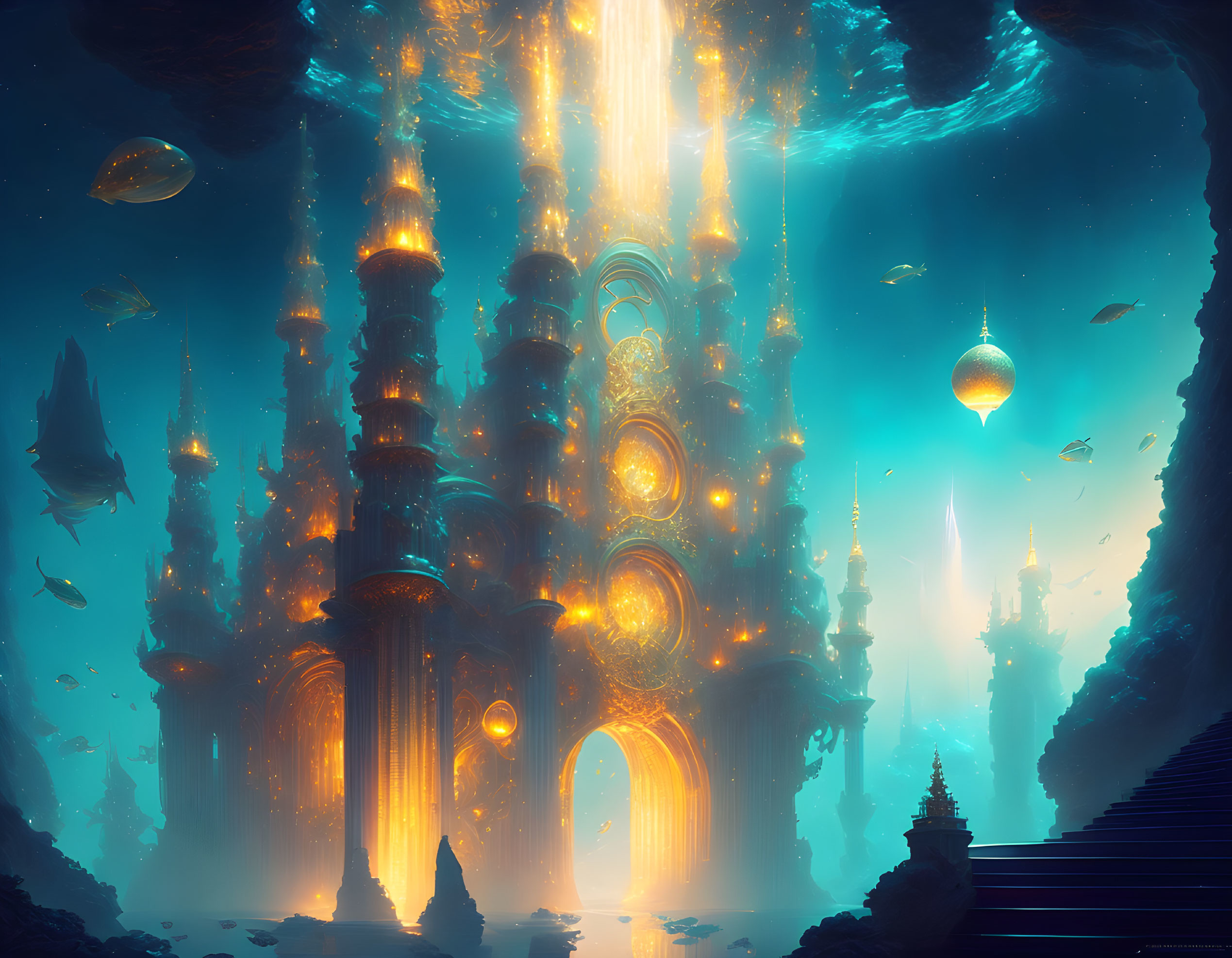 Underwater city with glowing structures and jellyfish in beams of light