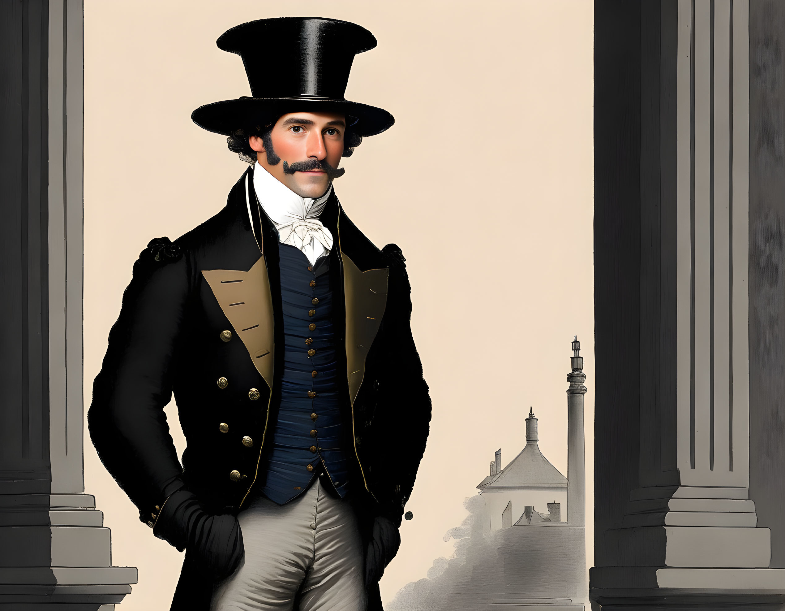 Illustration of gentleman in historical attire with tall black hat, navy coat, white cravat,