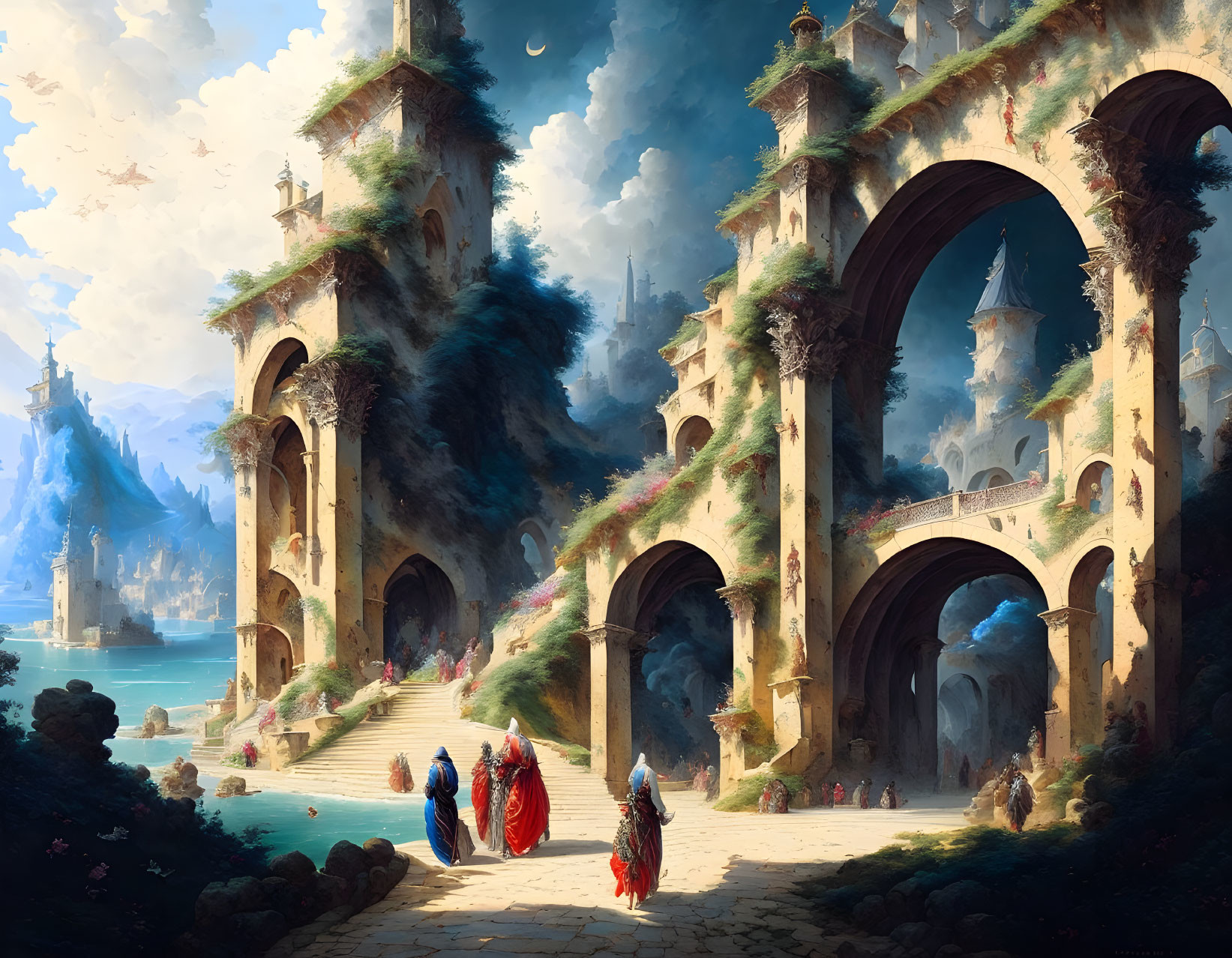 Majestic archways, cloaked figures, ships, and cloudy sky in fantasy landscape