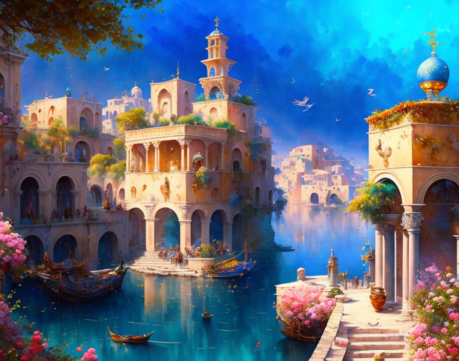 Fantastical waterfront city with ornate buildings and gondolas