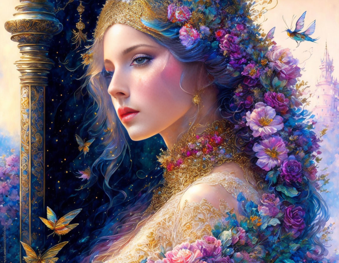 Fantasy Artwork: Ethereal Woman with Floral Hair, Golden Attire, Butterflies, and