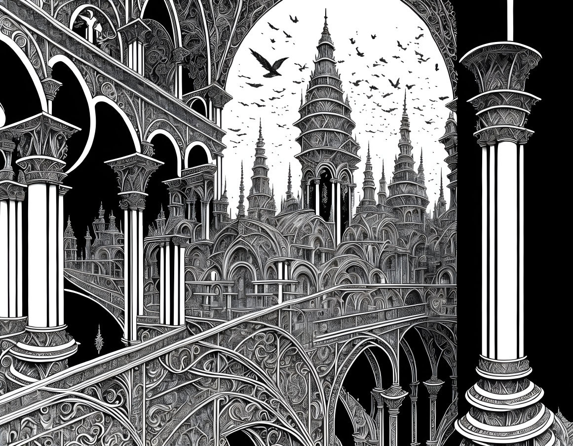 Detailed black and white fantasy gothic architecture drawing with arches, spires, and birds.