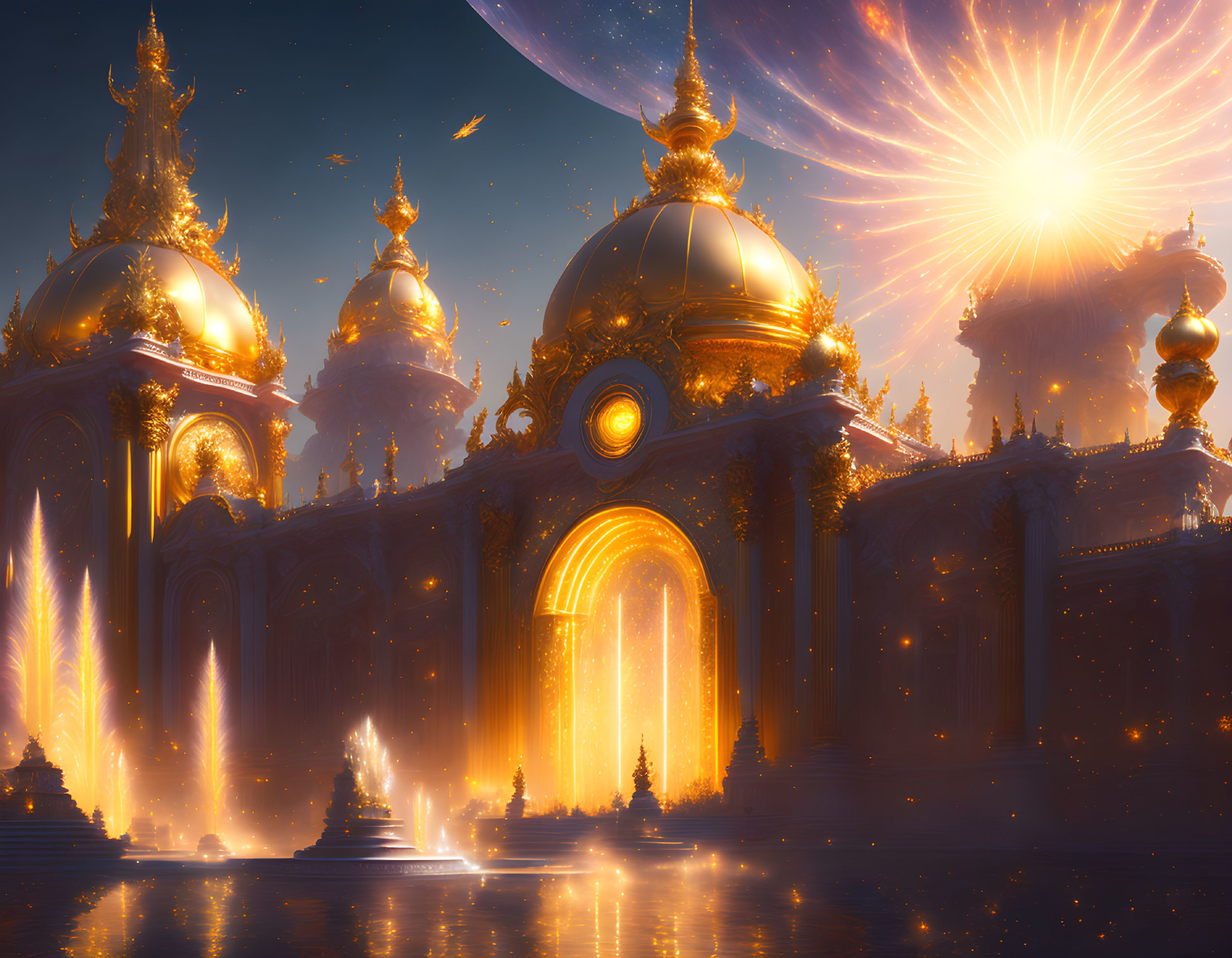 Golden fantasy palace with ornate domes under moonlit sky