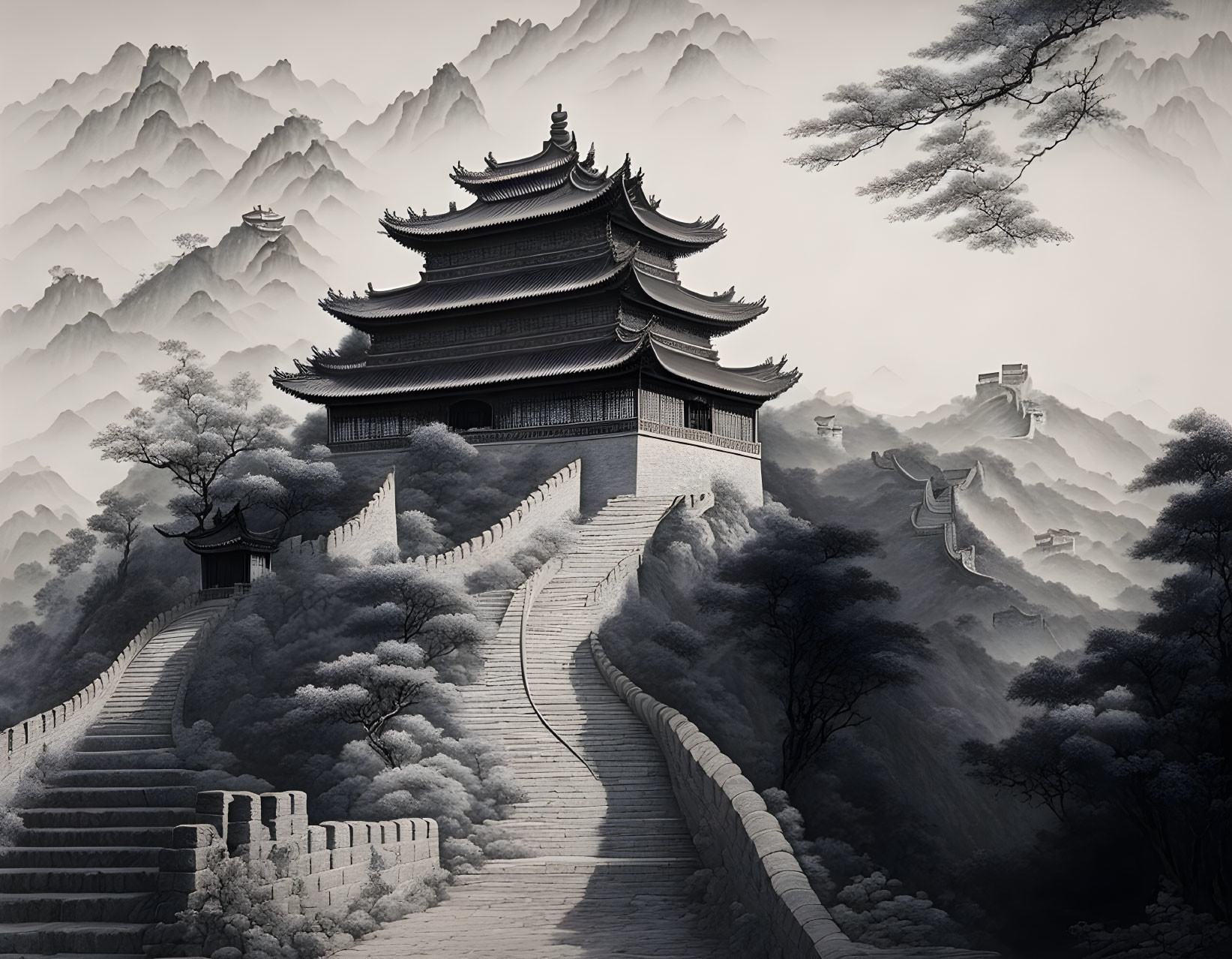 Monochromatic traditional Chinese pagoda on misty mountain staircase