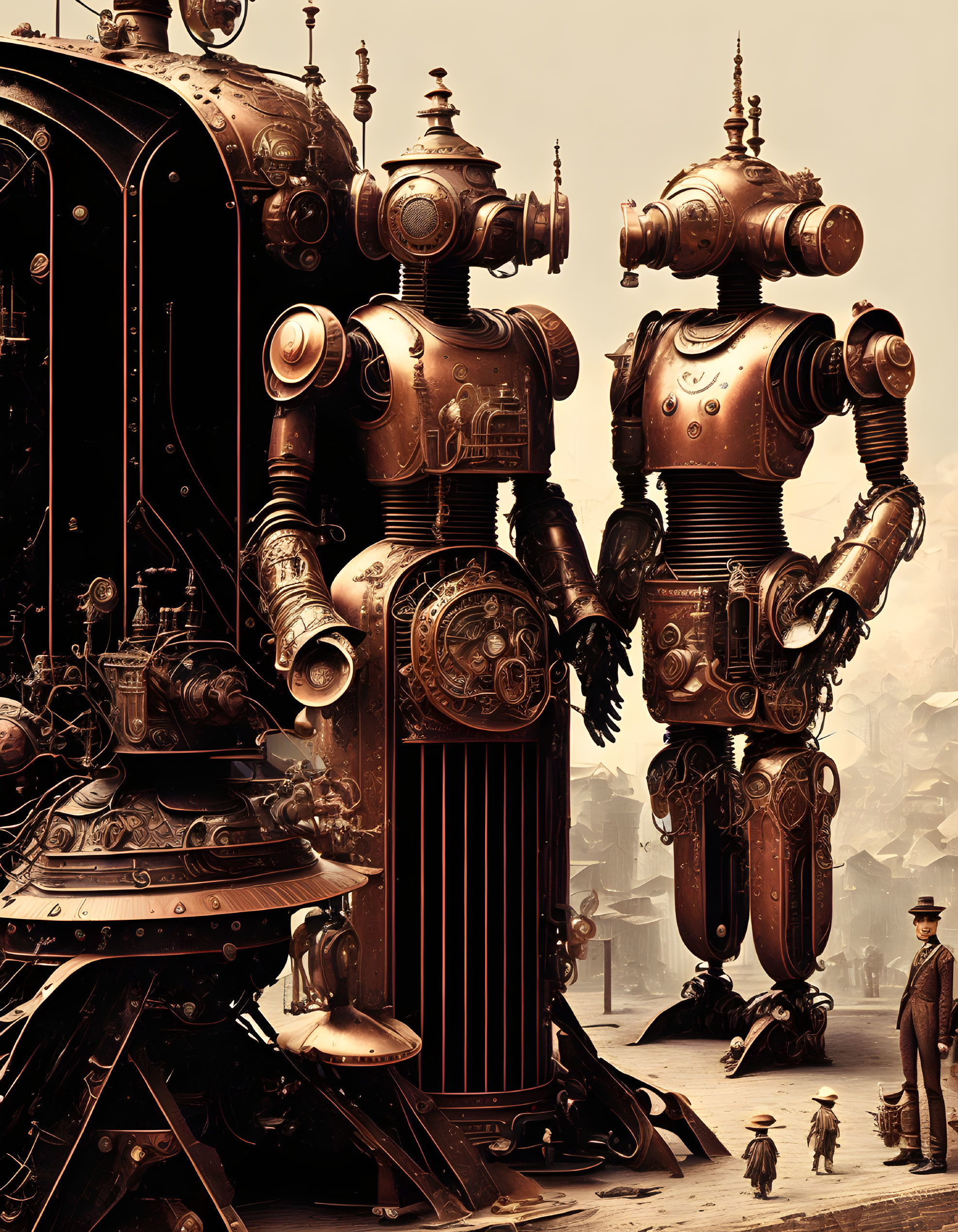 Sepia-toned steampunk tableau with towering mechanical robots and Victorian-dressed man