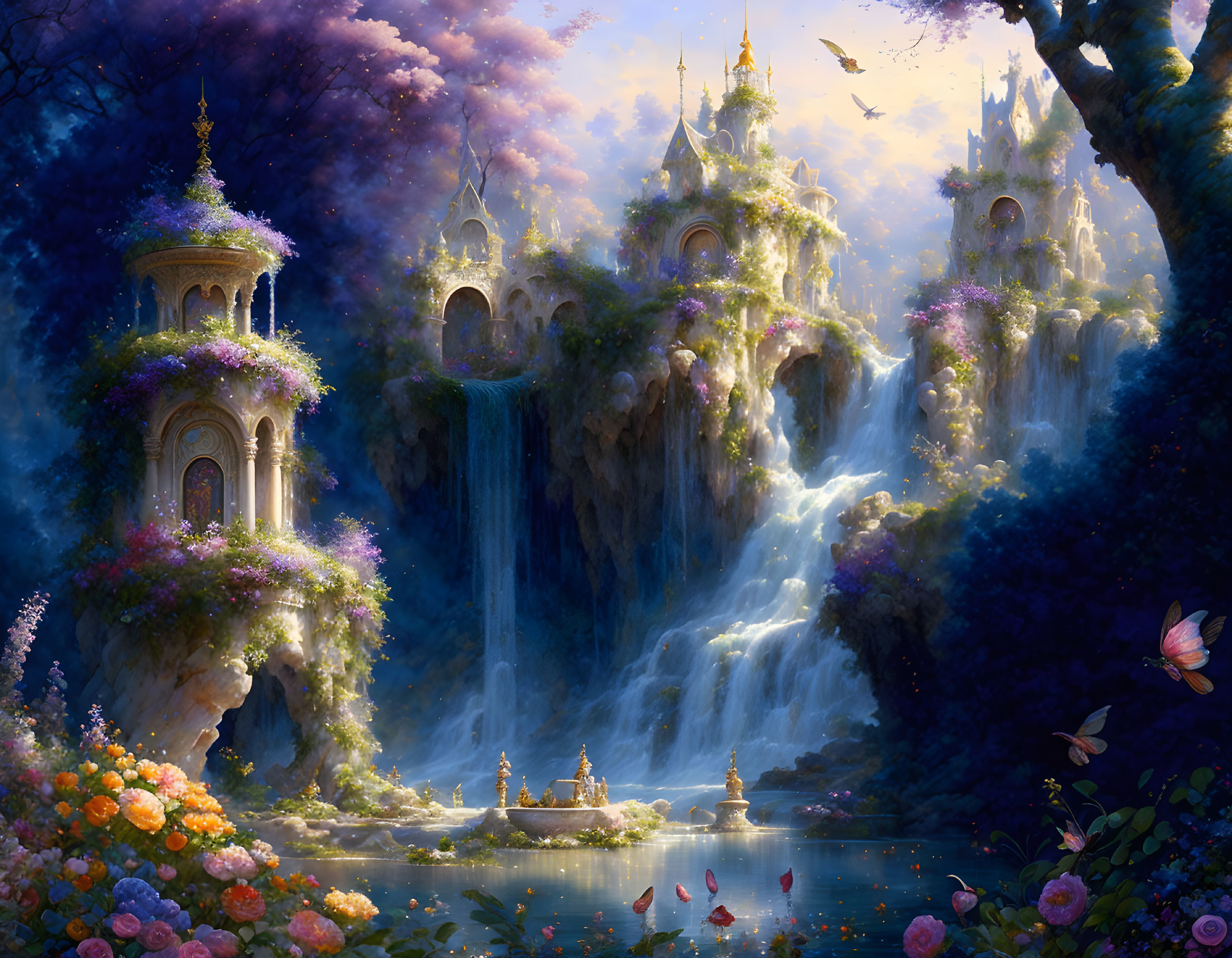 Enchanting Twilight Scene with Waterfalls, Castles, Flowers, Birds, and Butterflies