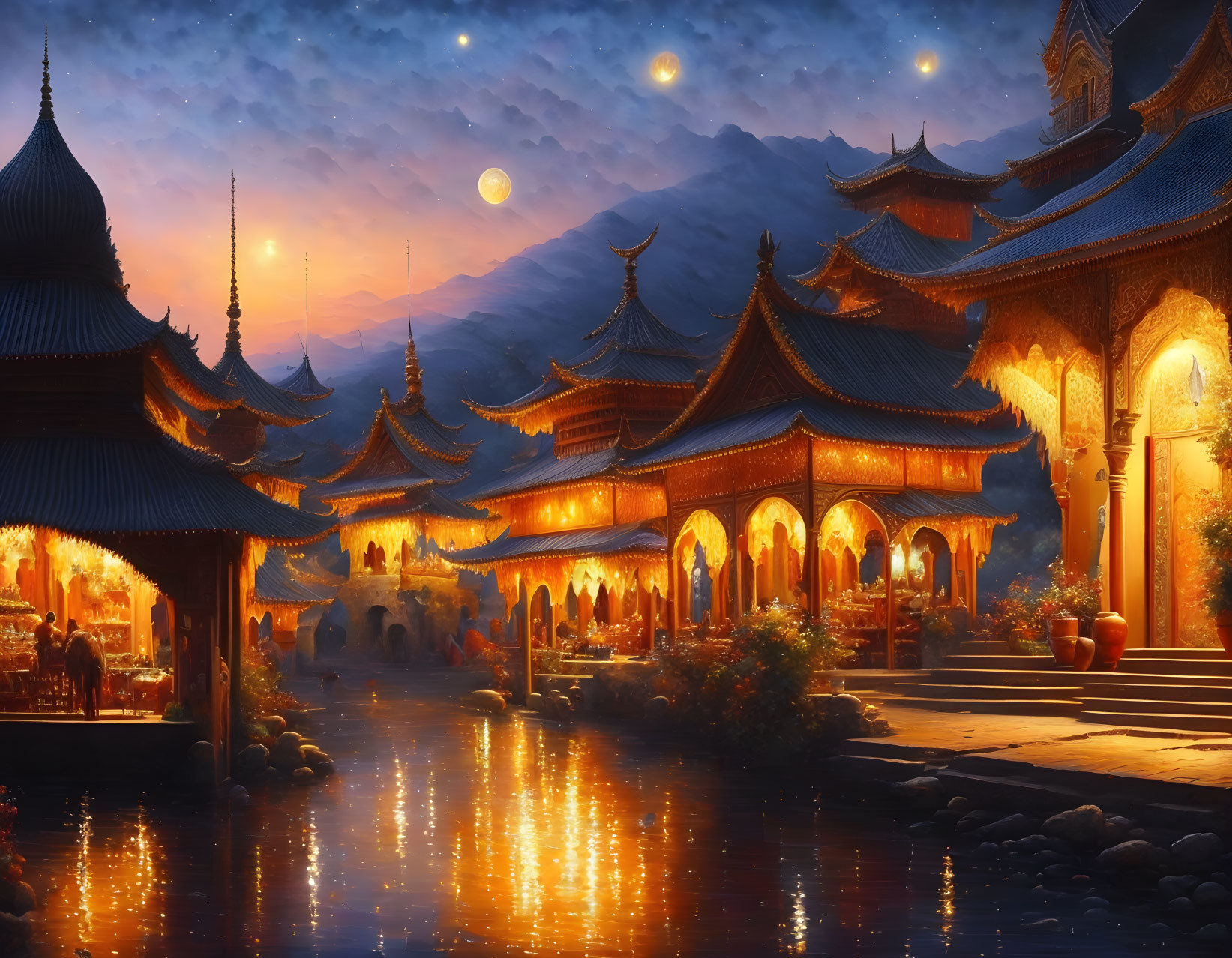 Traditional Asian Pagodas Illuminated by Lake at Night