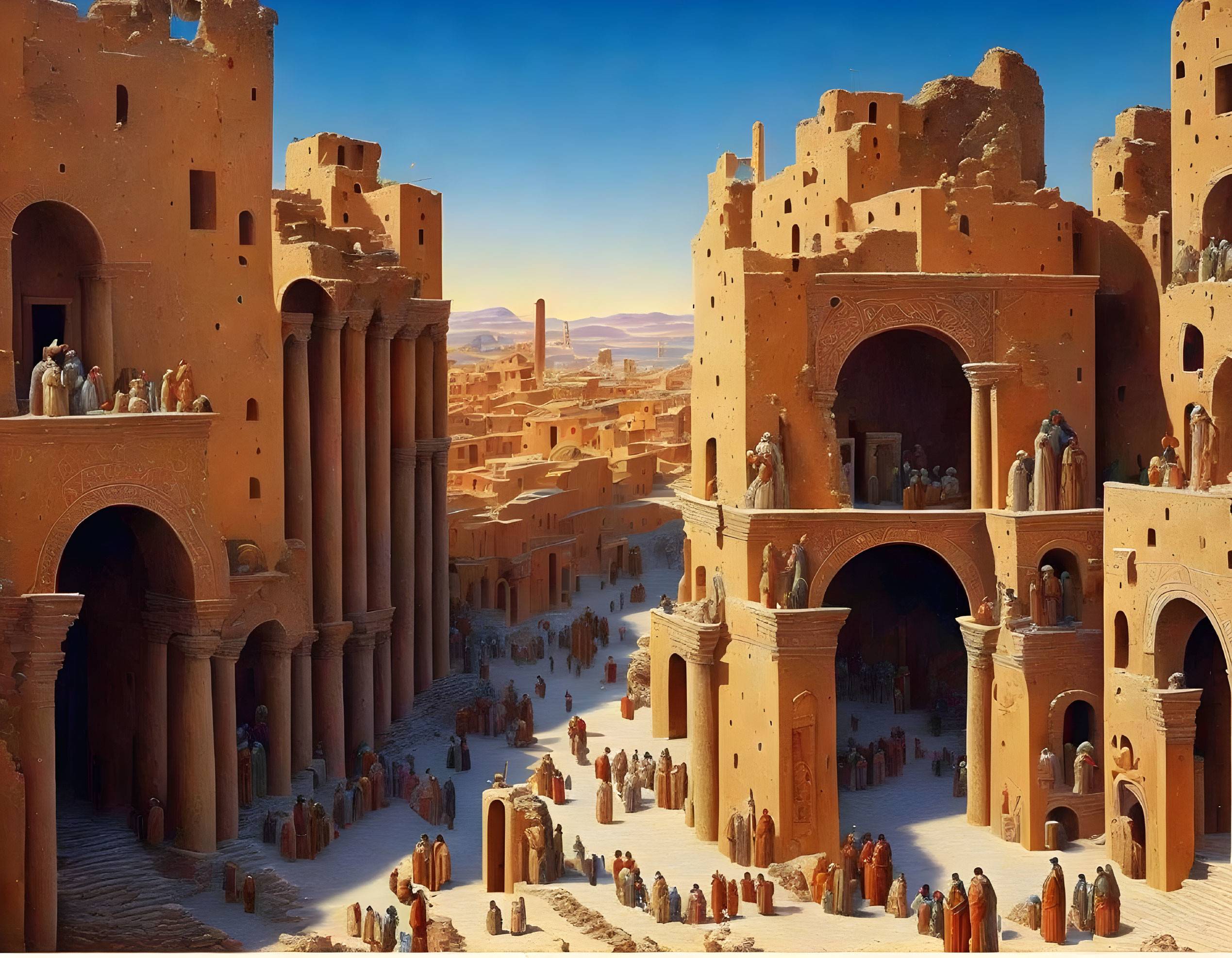 Ancient Desert City with Adobe Buildings and Busy Street Life