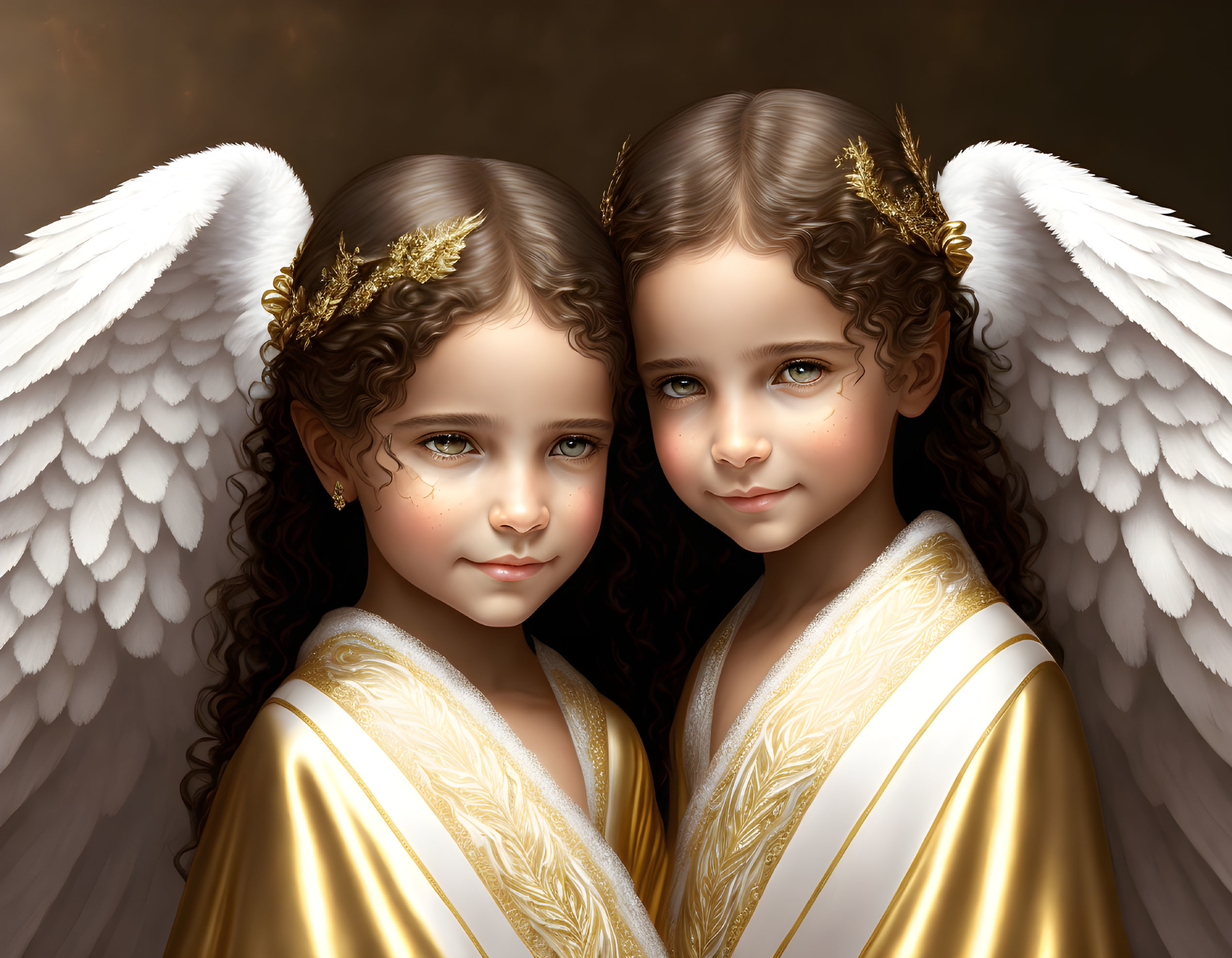 Identical twin girls with angelic wings and golden halos in elegant white robes on dark backdrop