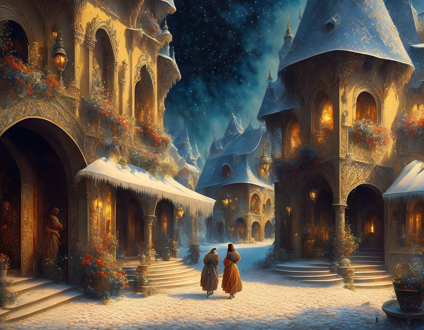 Snow-covered village with golden-lit buildings and starry sky