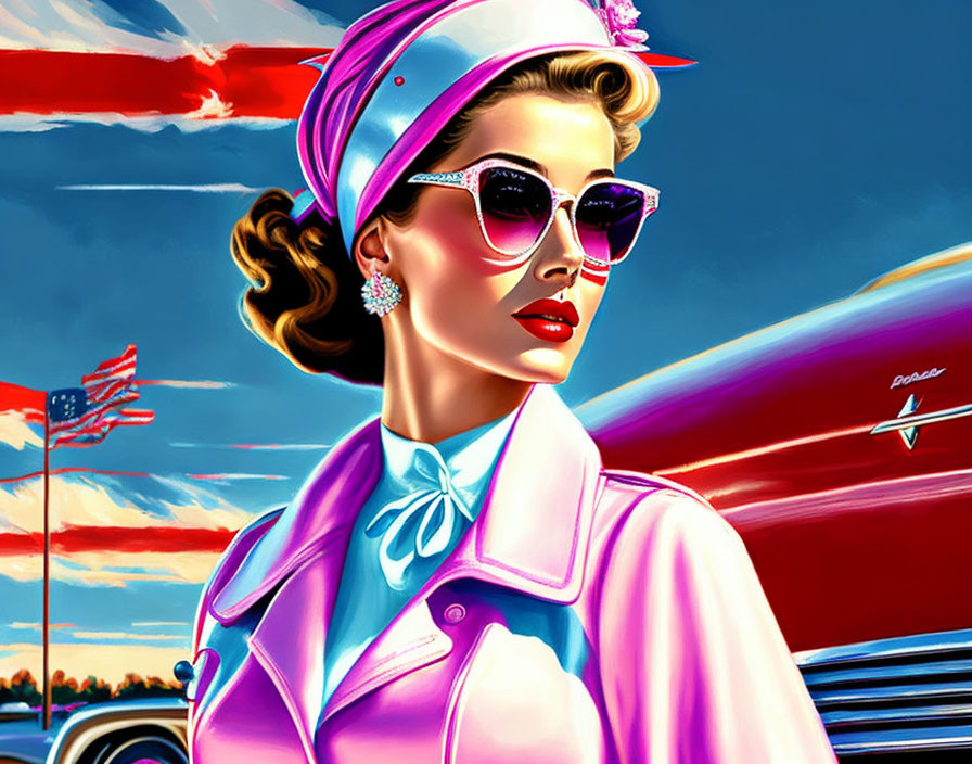 Stylized retro fashion woman with pink jacket and sunglasses posing by classic car and American flags