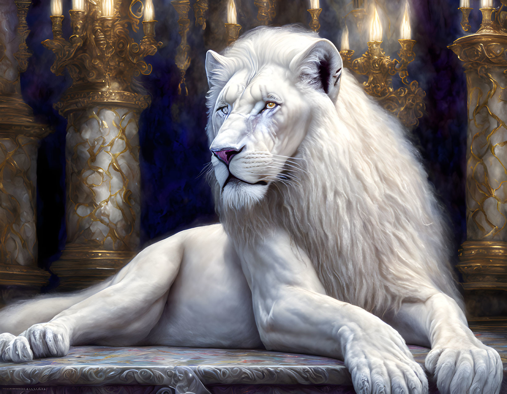 Majestic white lion with blue eyes on ornate platform among golden pillars