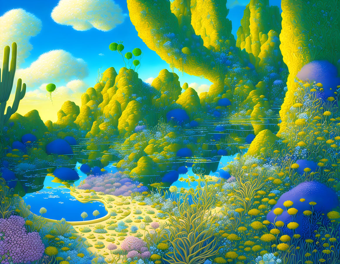 Colorful surreal landscape with yellow flora, blue ponds, and varied vegetation.