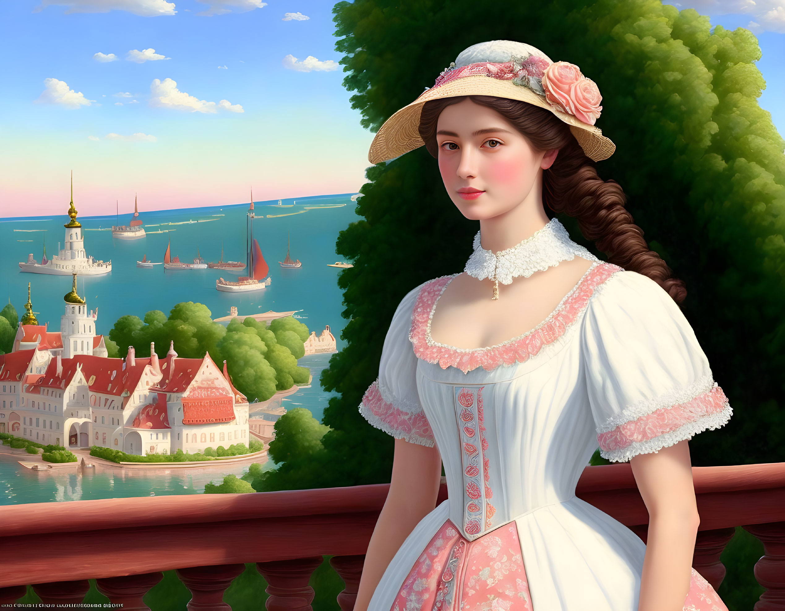 Victorian woman in white dress with lace neckline and straw hat overlooking bay with sailing ships and classical buildings