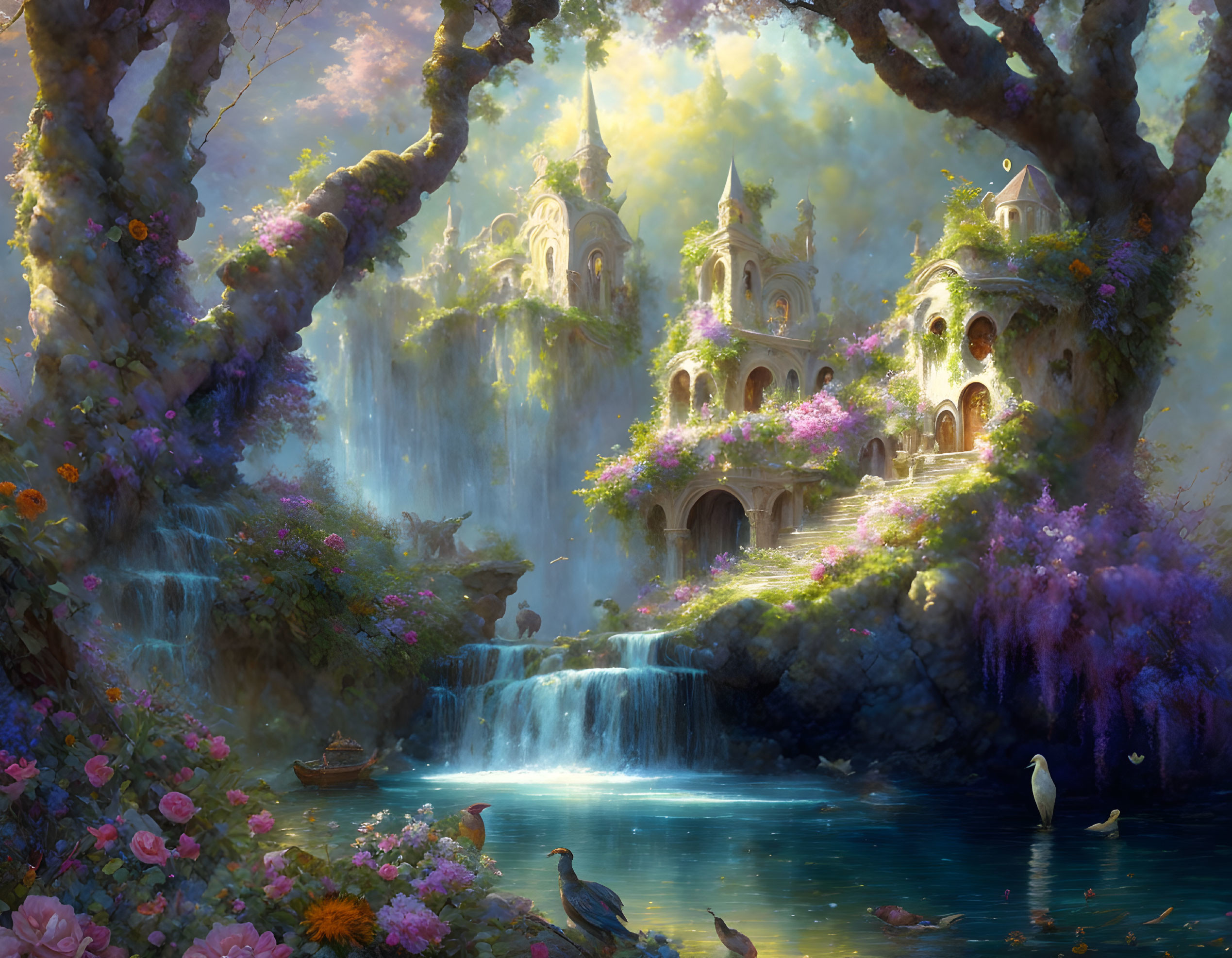 Enchanted forest landscape with waterfall, castle, swan, and boat