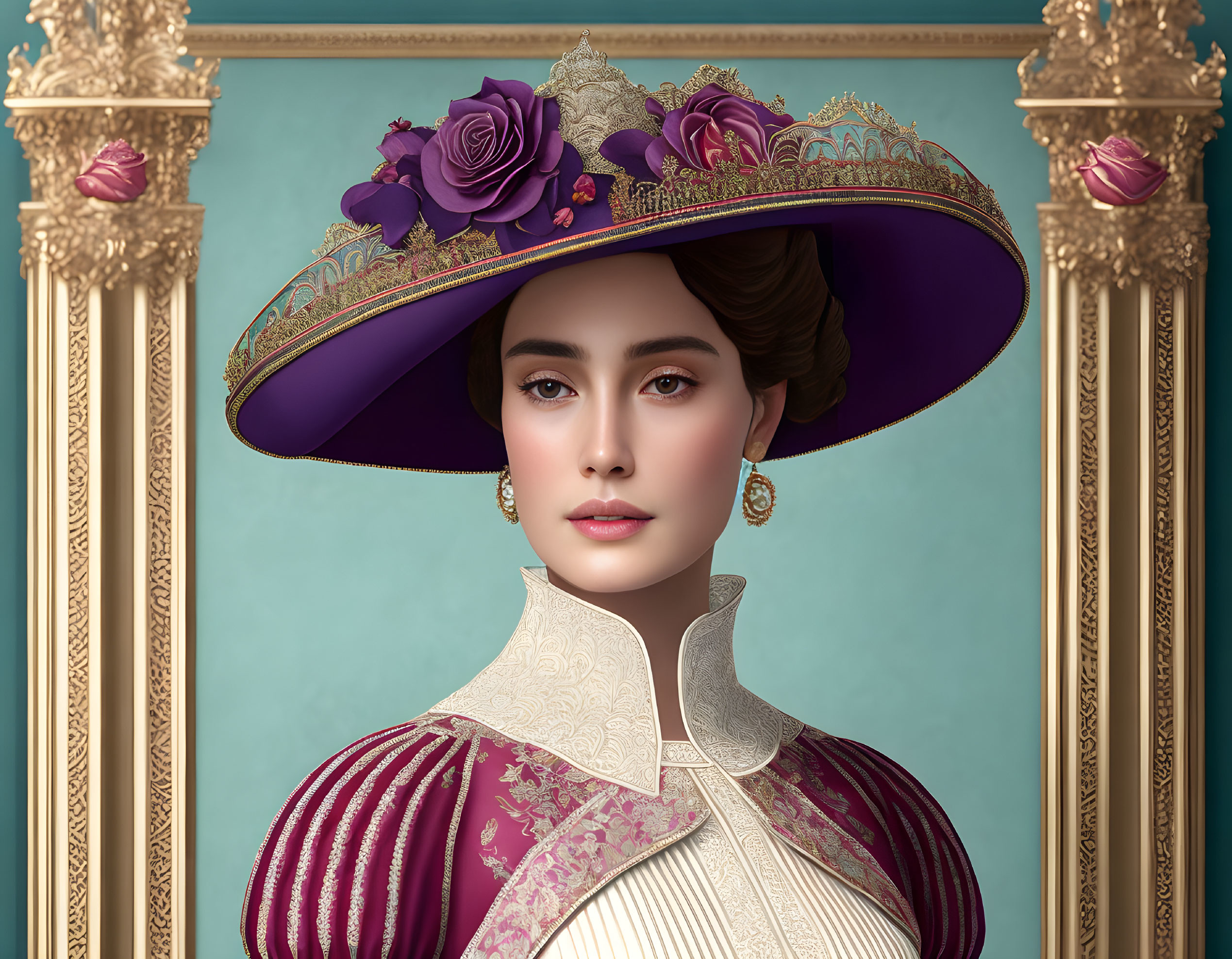 Victorian woman portrait with purple hat and teal background