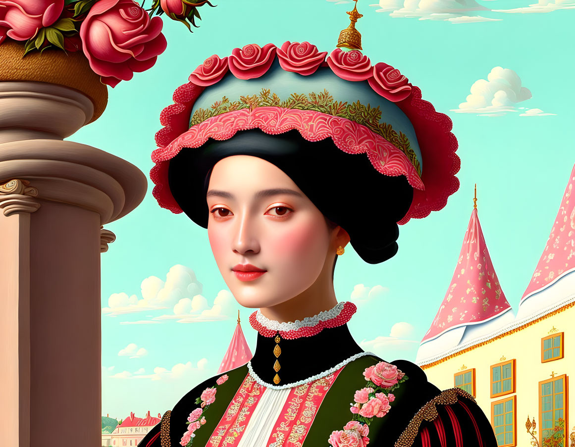 Digital artwork of woman in classical attire with decorative hat and castle backdrop