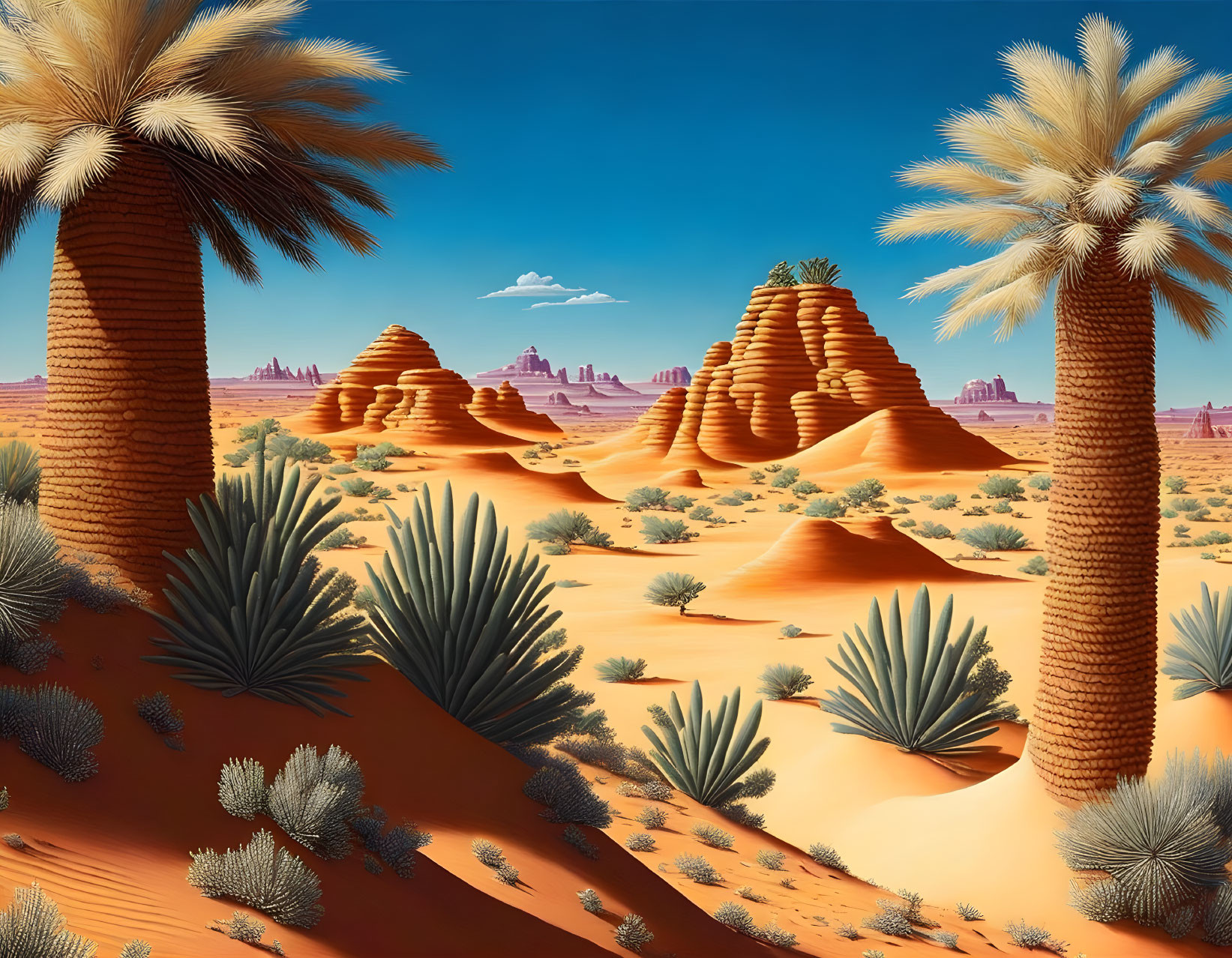 Desert landscape with orange sand dunes and palm trees