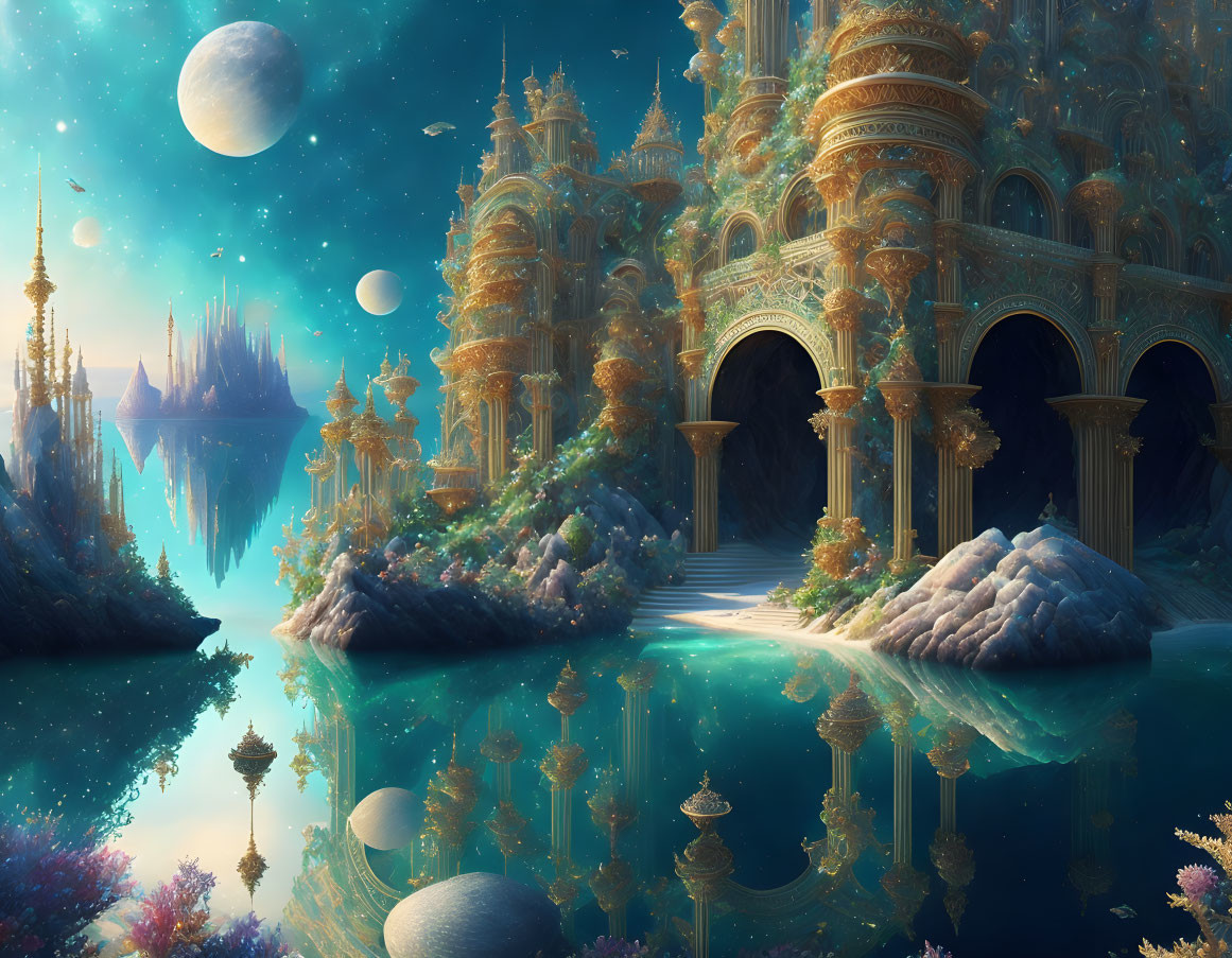 Fantastical landscape with golden palaces, water bodies, and multiple moons