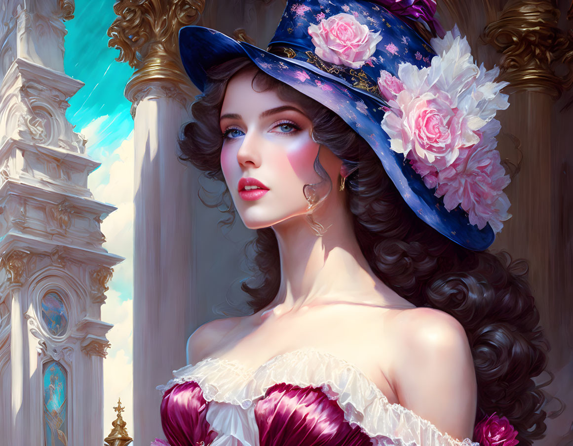 Woman in Blue Hat with Roses and Pink Dress Against Ornate Background