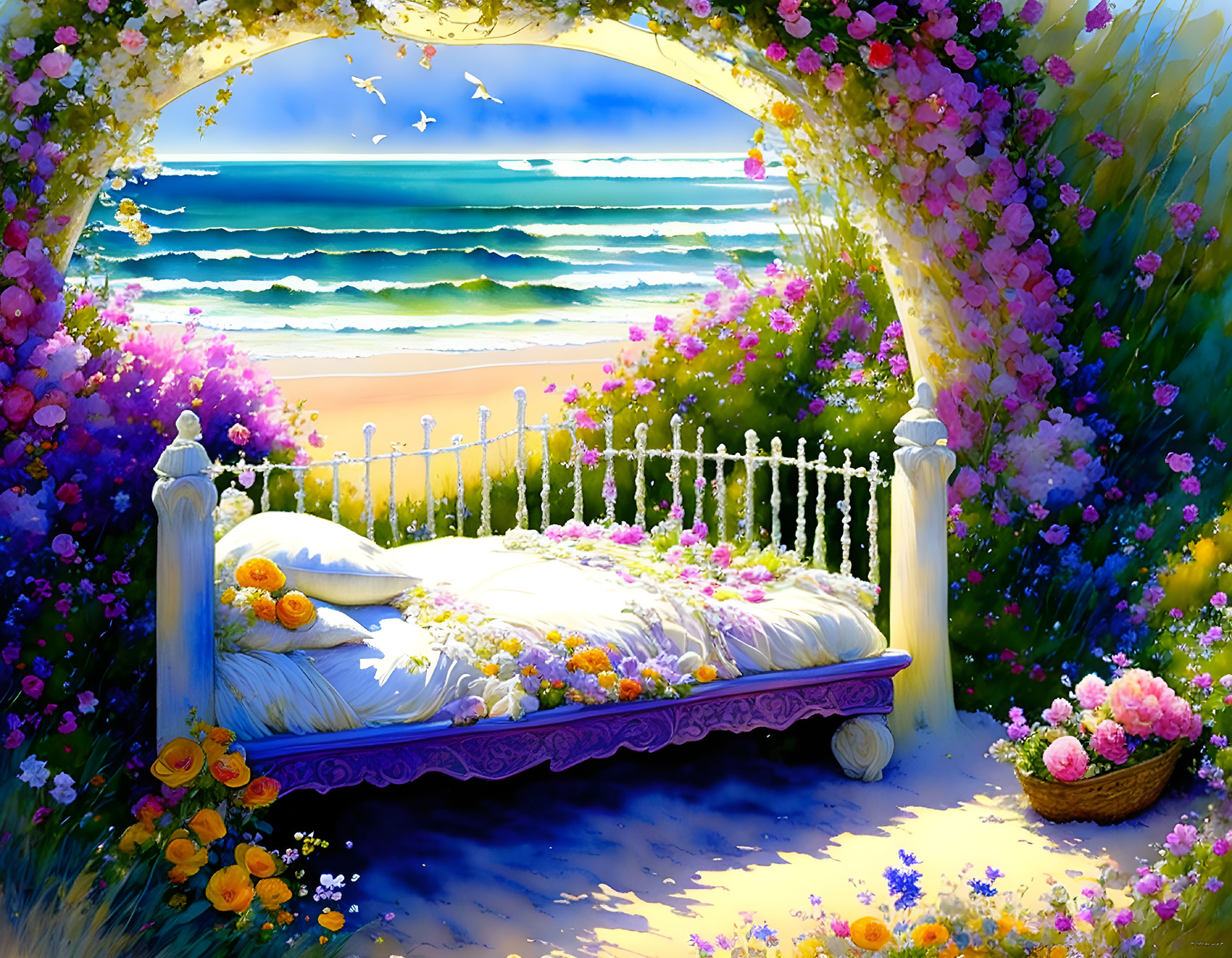 Colorful painting: Bed with white linens in flower-filled nook by beach.