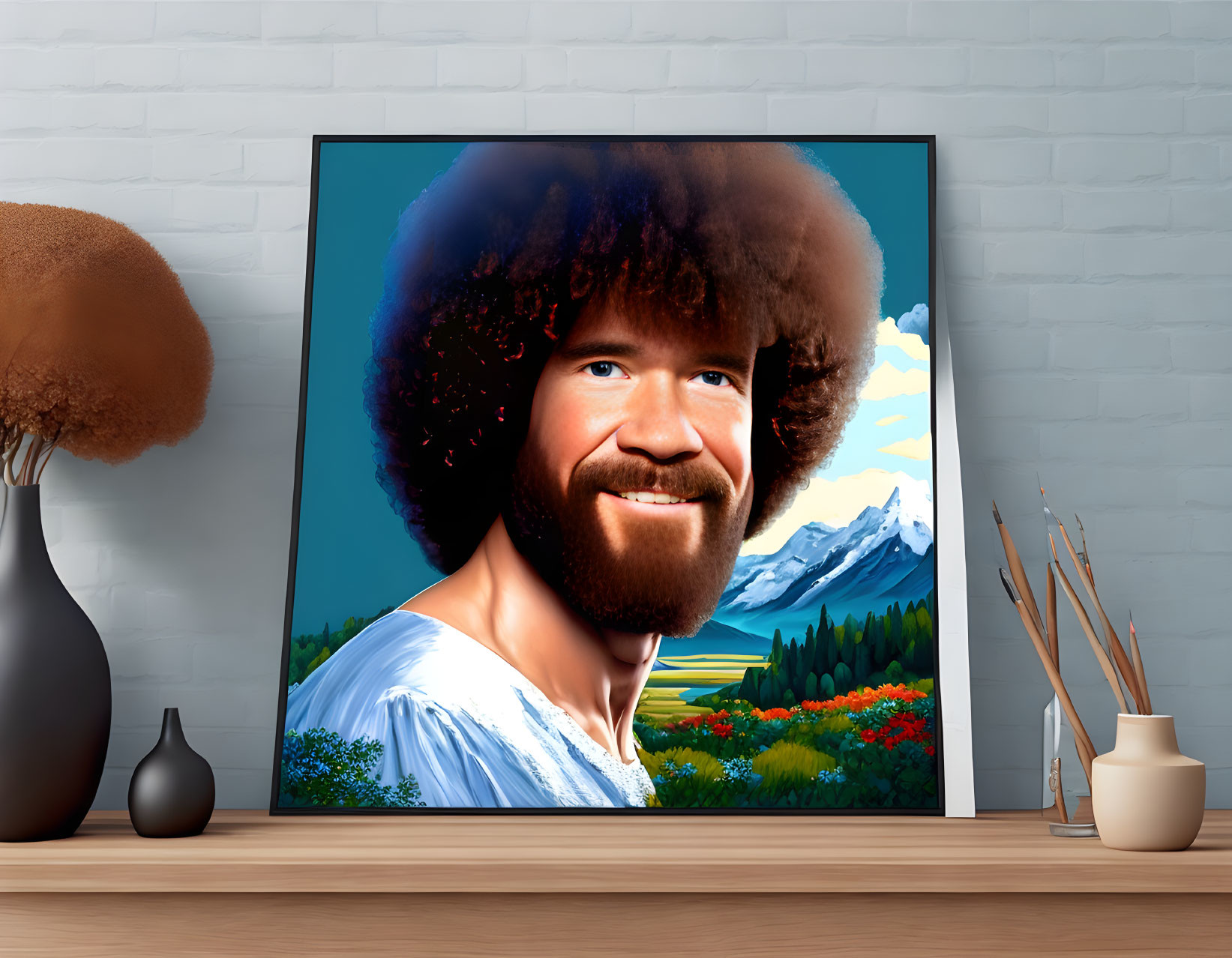 Colorful painting of man with afro on white brick wall with vase and dried plants