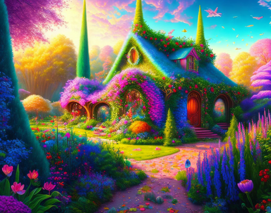 Fantasy cottage in lush garden with colorful flowers under magical sunset.