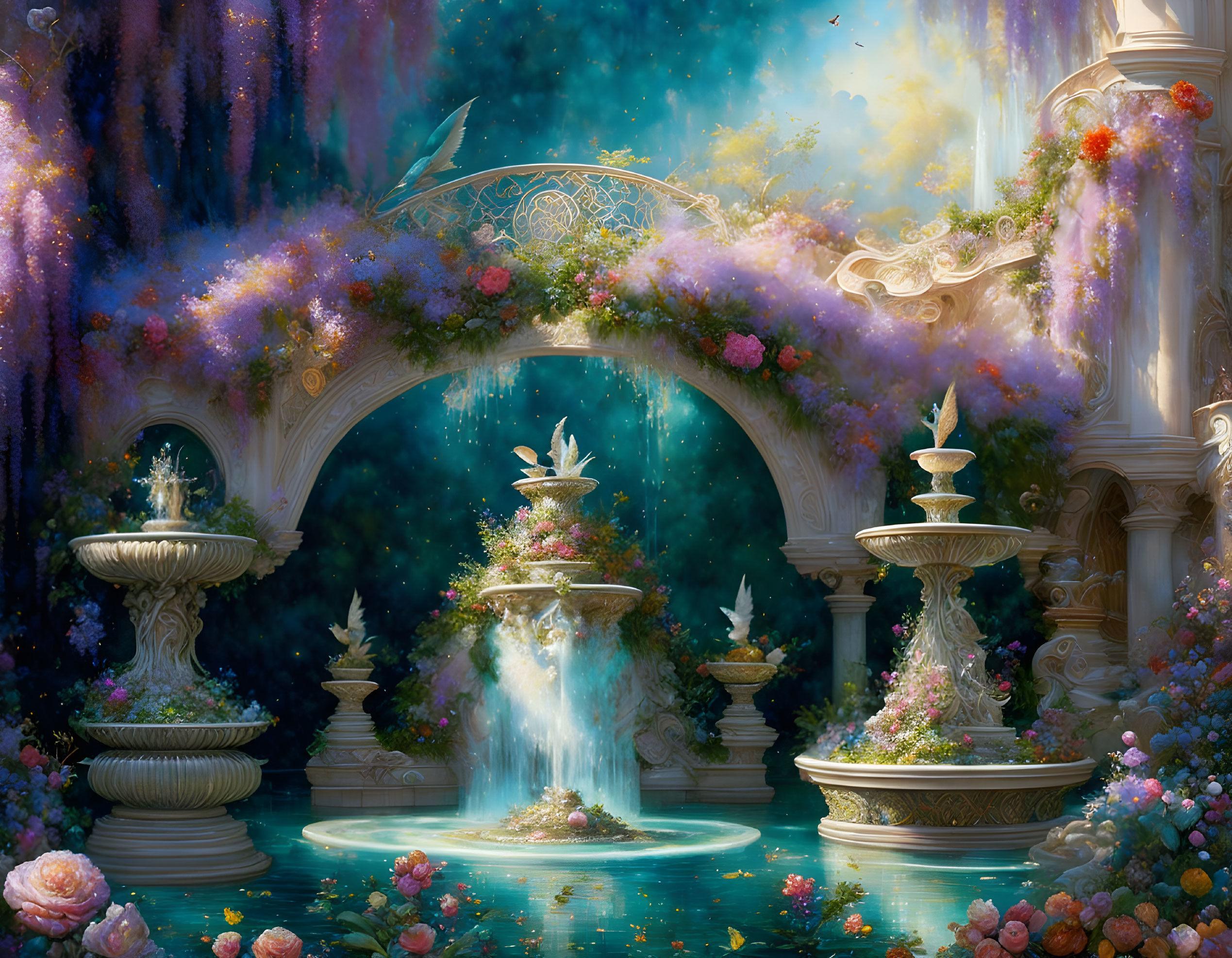 Ornate fountains and lush florals in dreamy garden scene