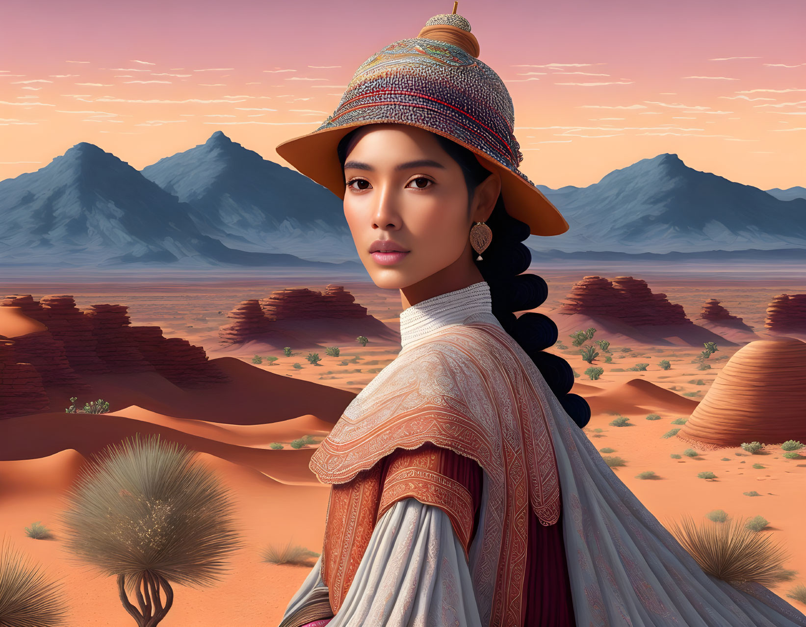 Woman in Colorful Hat Poses in Desert Landscape