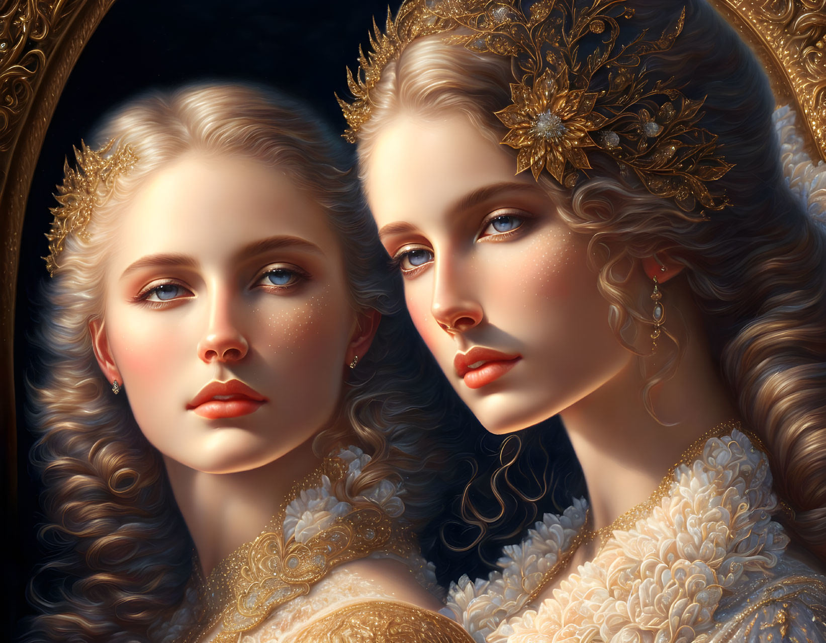 Two women in golden headdresses and white dresses on dark background