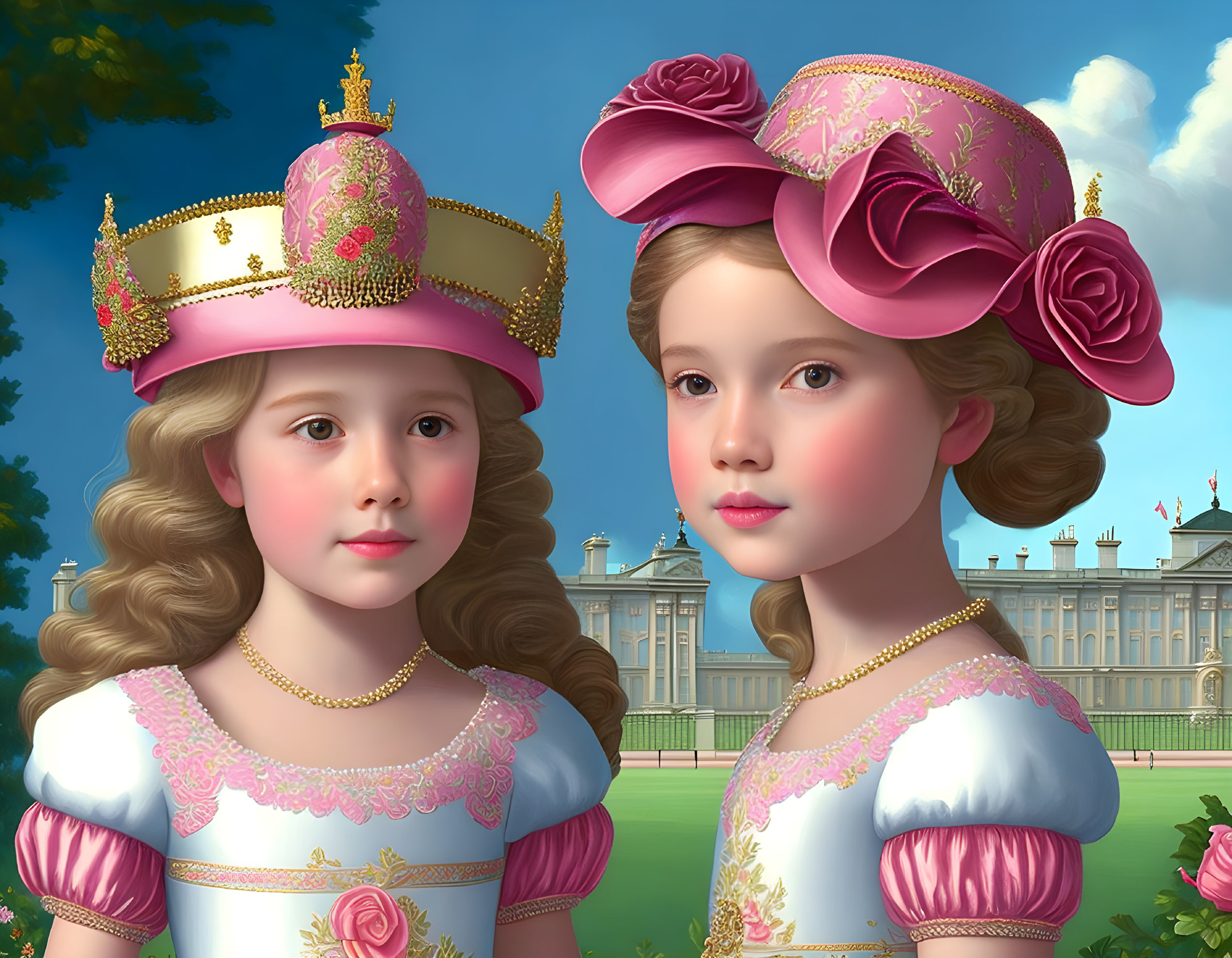 Young girls in pink royal attire and golden crowns outside grand manor.