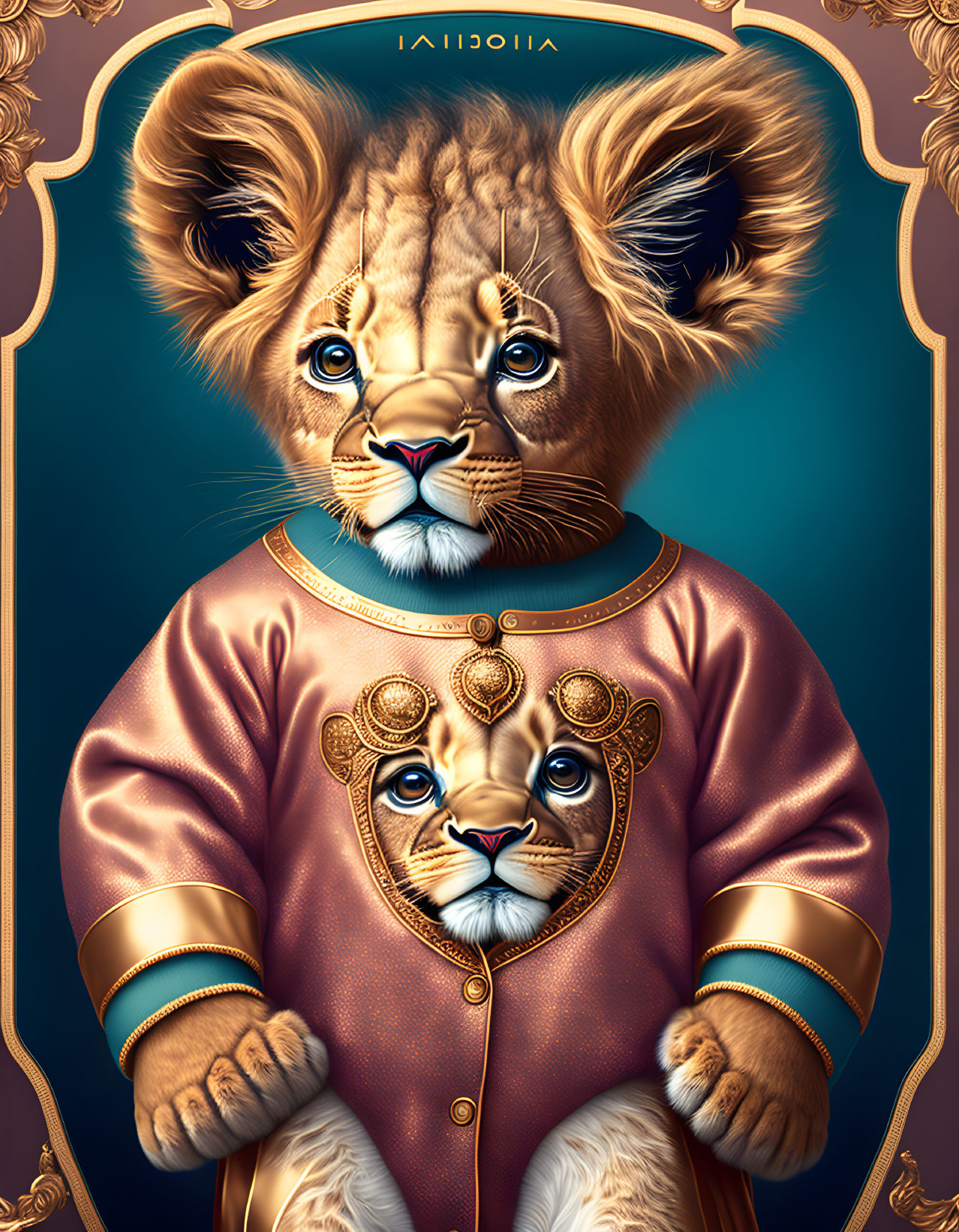 Anthropomorphic lion cub digital art in regal attire with ornate details