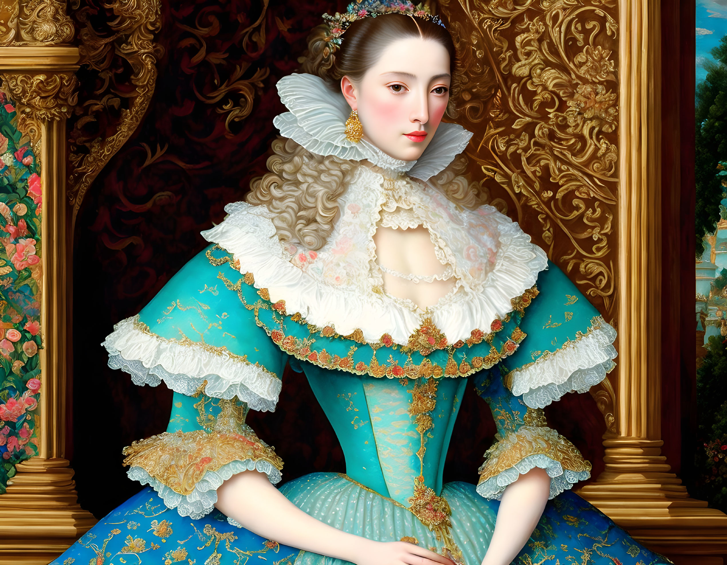 Woman in ornate blue 17th-century dress with ruffled collar in elegant setting