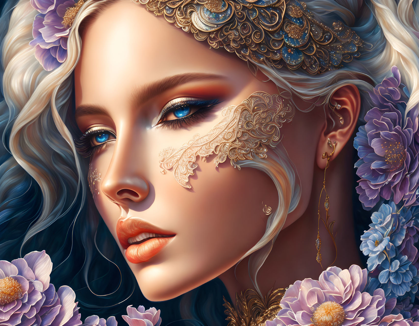 Digital artwork featuring woman with gold facial adornments and purple flowers