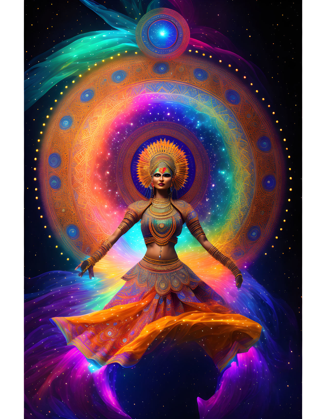 Colorful artwork of figure with multiple arms and cosmic background.