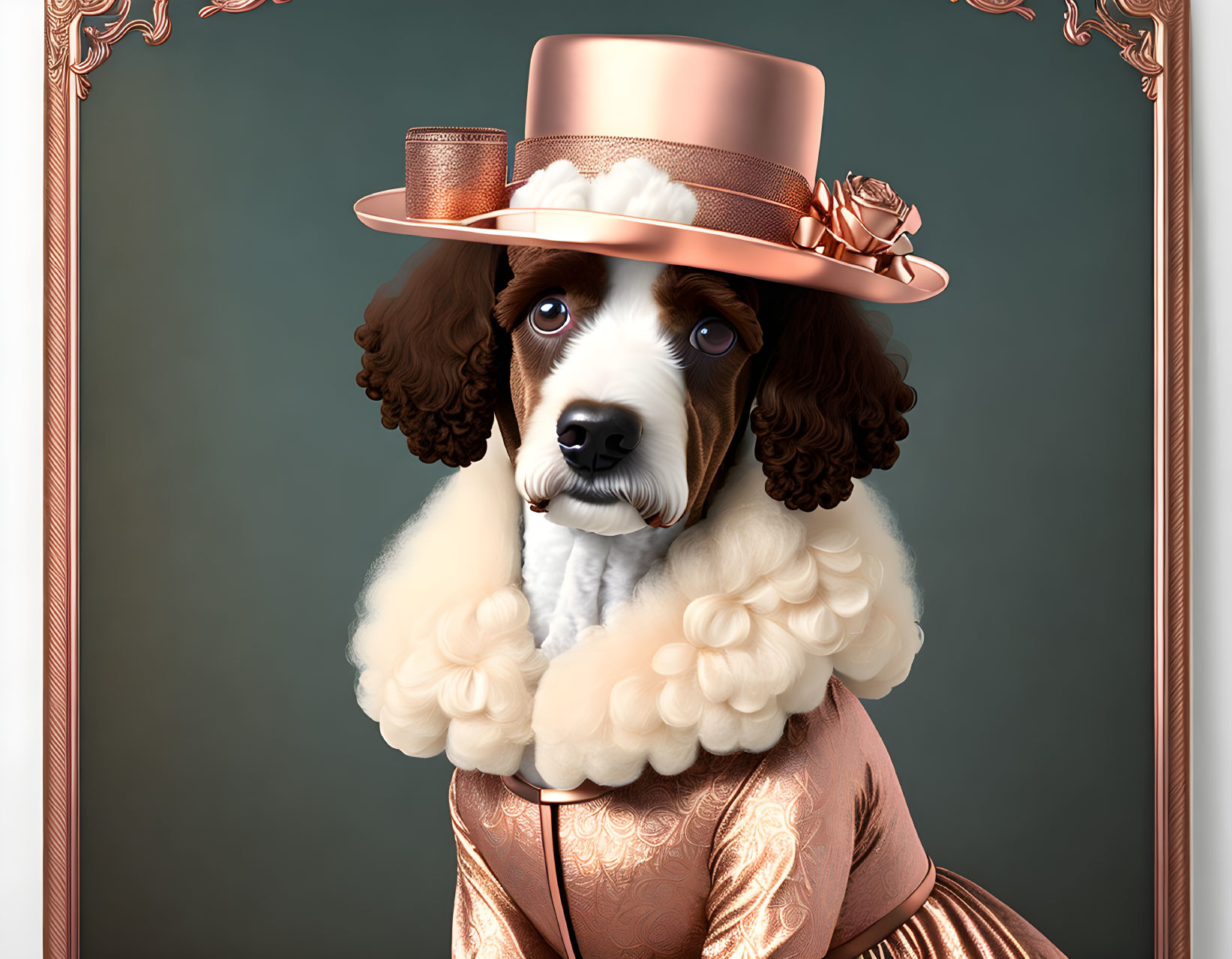 Whimsical Dog Portrait with Copper Hat and Ruffled Collar