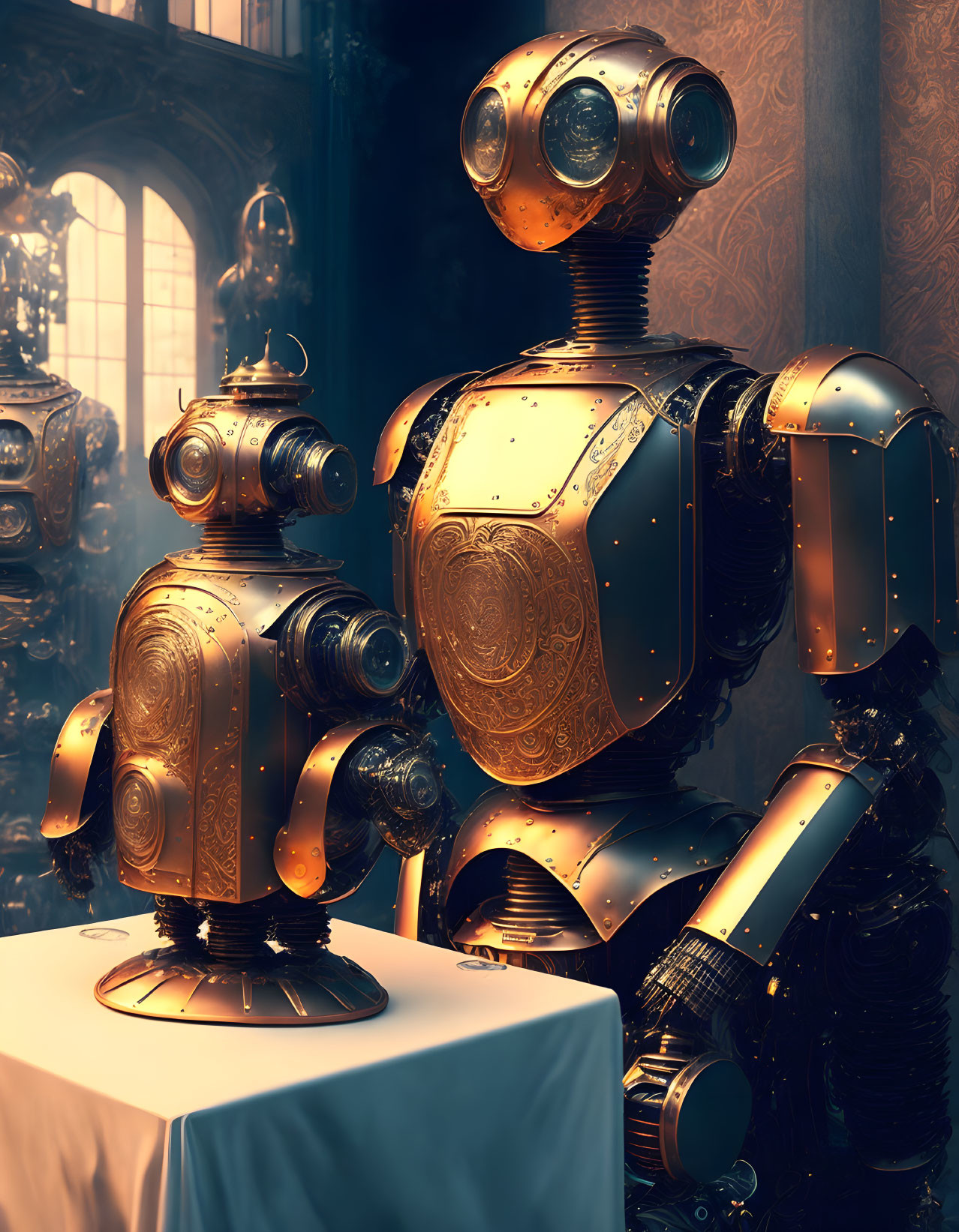 Ornate brass robots at vintage-themed table