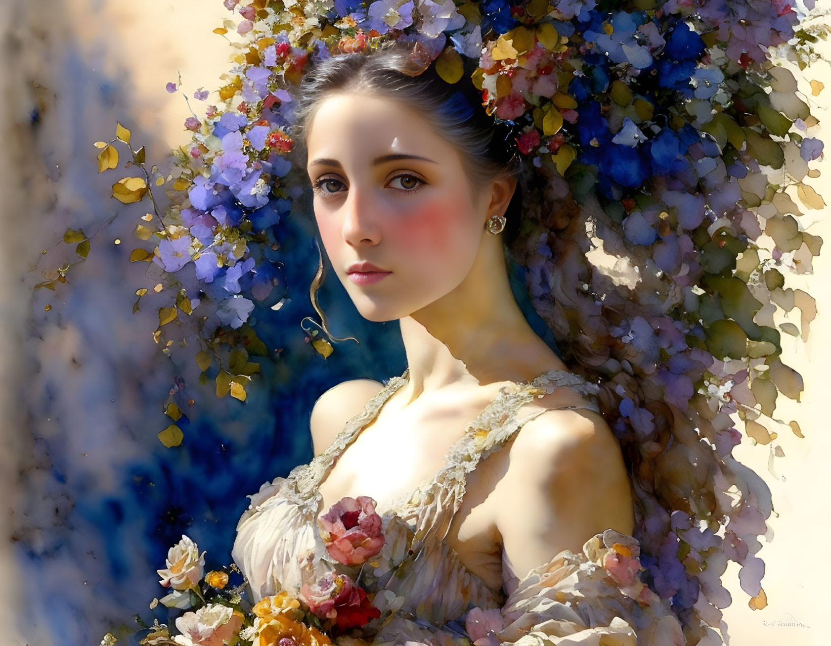 Young woman portrait with fair skin and delicate features surrounded by colorful flowers