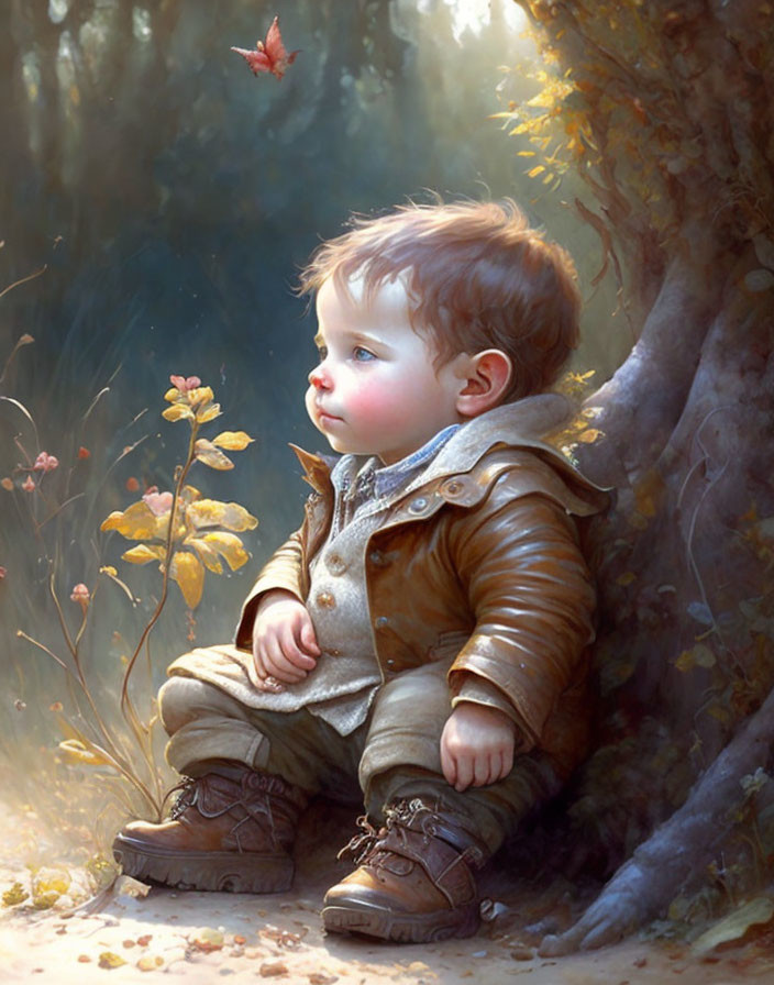 Toddler in brown jacket and boots watches falling leaf in serene woodland scene