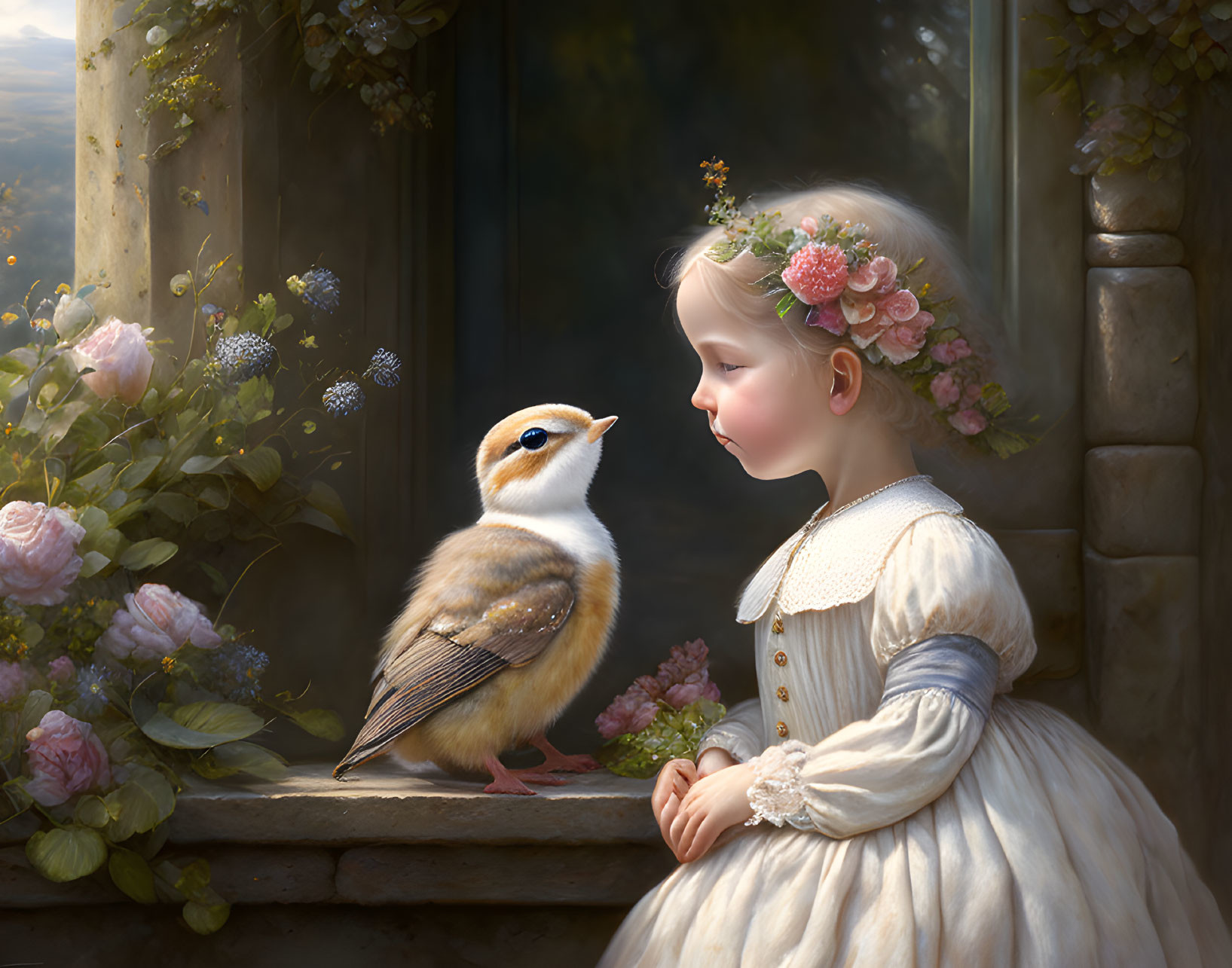 Young girl with floral headpiece admires bird on sunny window ledge