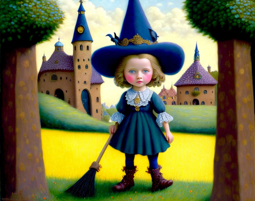 Young girl in witch costume with broom in meadow with castles.